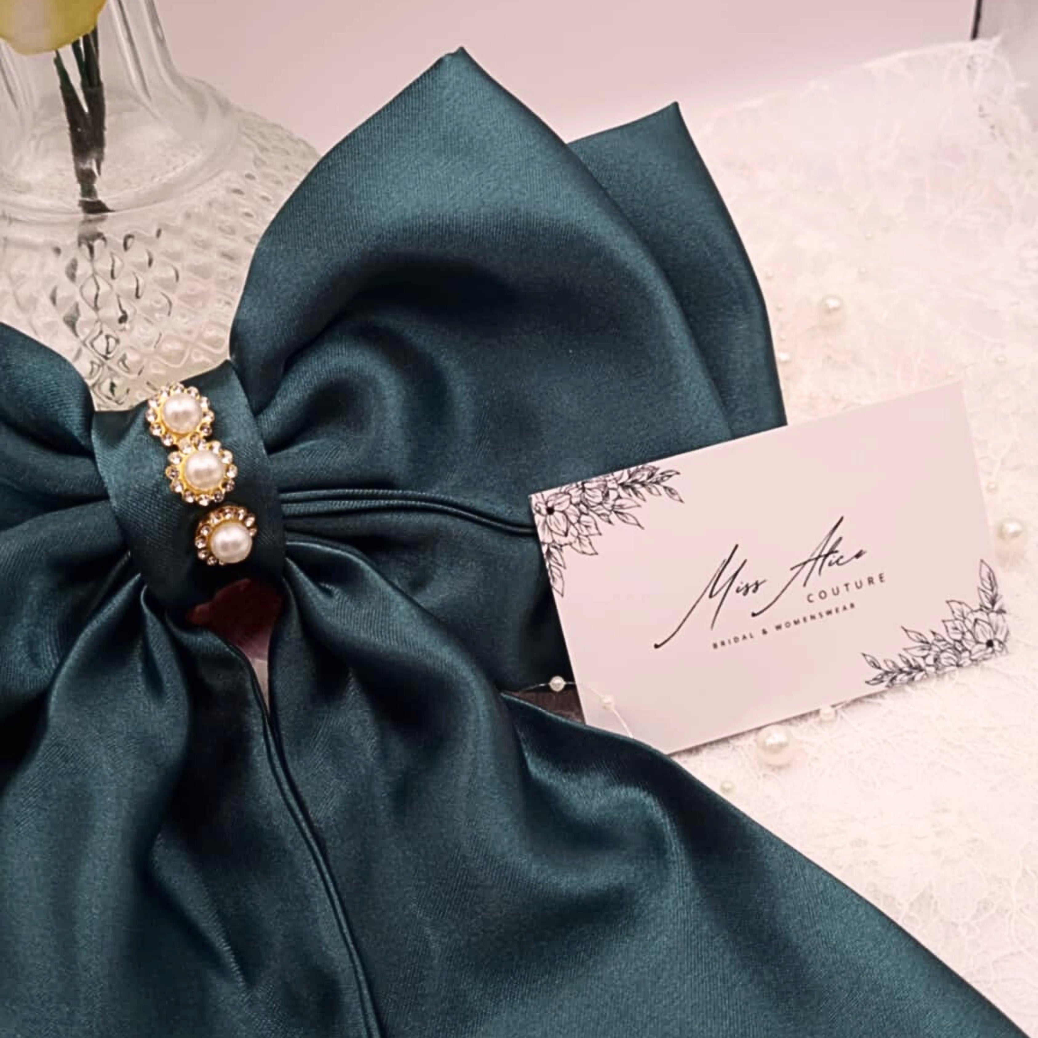 Noella Satin Bow | Silky Satin Bow with Pearls & Diamanté