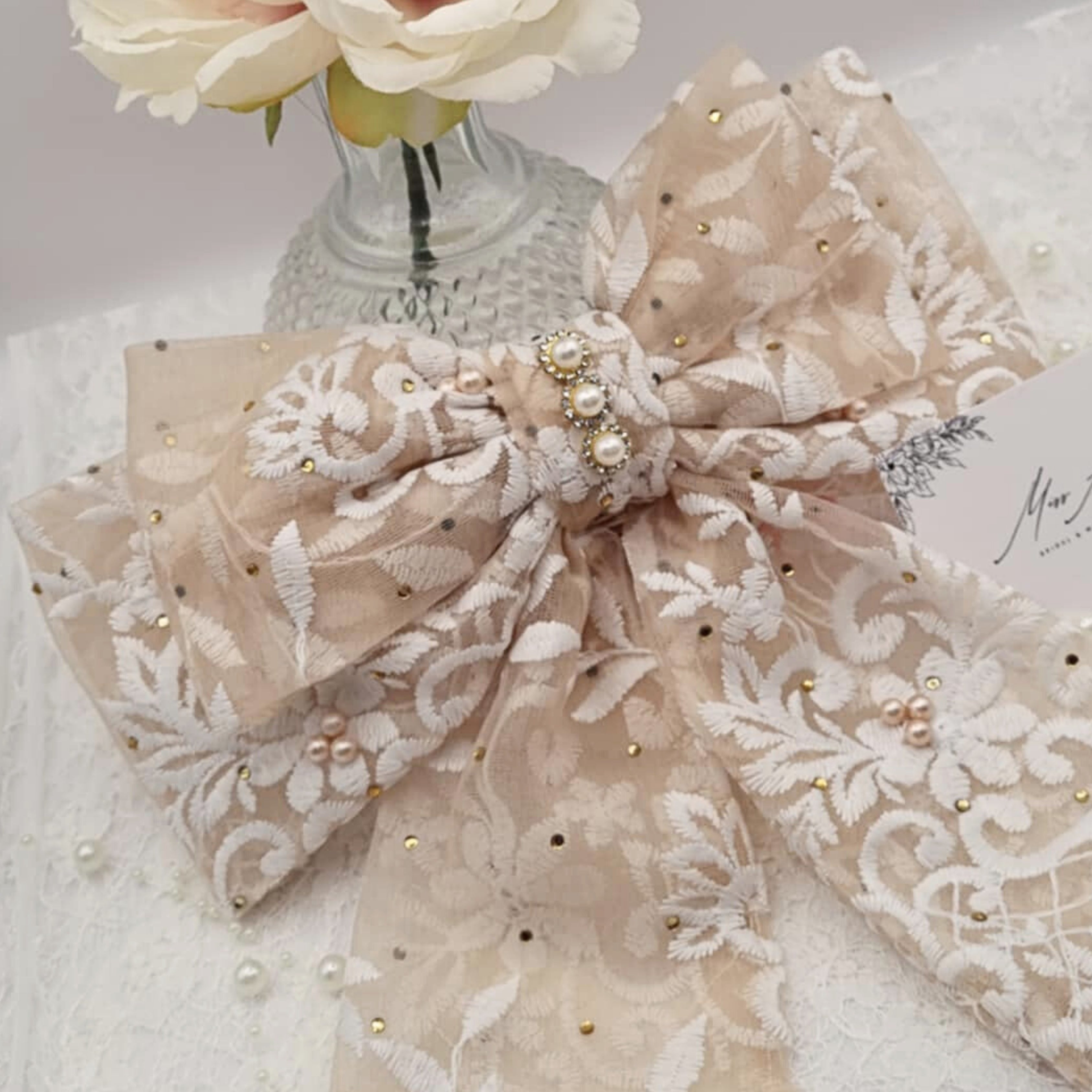 Tinselle Satin Bow | Sparkly Lace Bow with Pearls & Diamanté