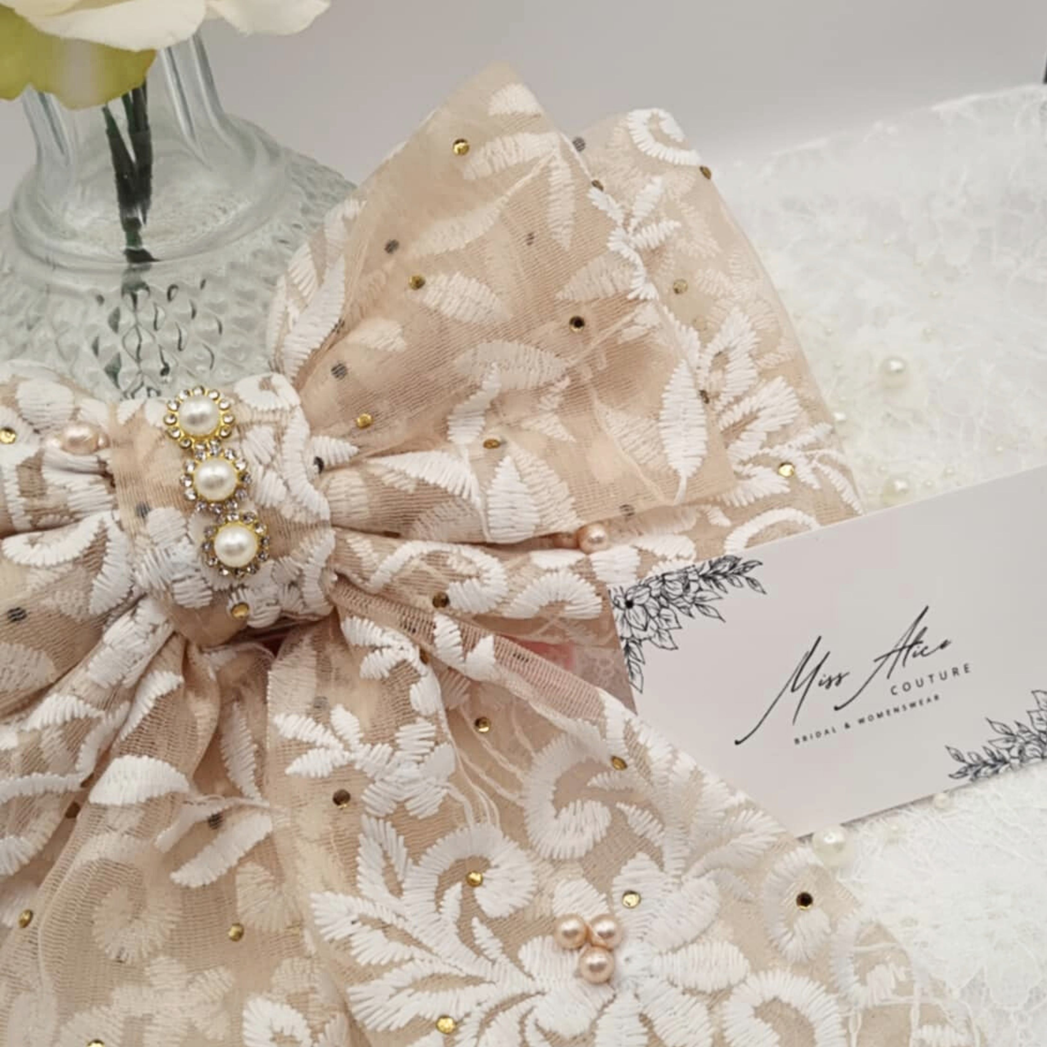 Tinselle Satin Bow | Sparkly Lace Bow with Pearls & Diamanté