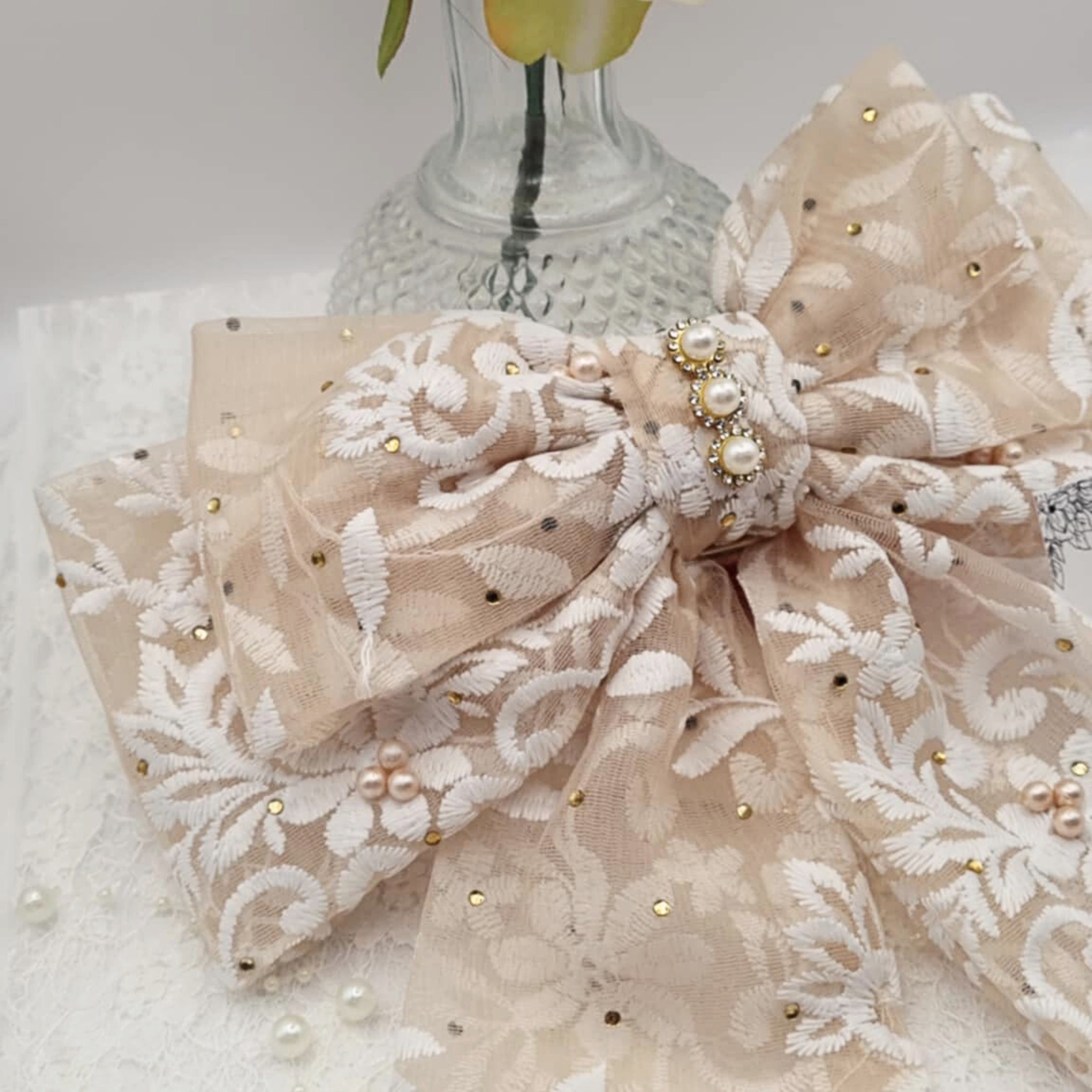 Tinselle Satin Bow | Sparkly Lace Bow with Pearls & Diamanté