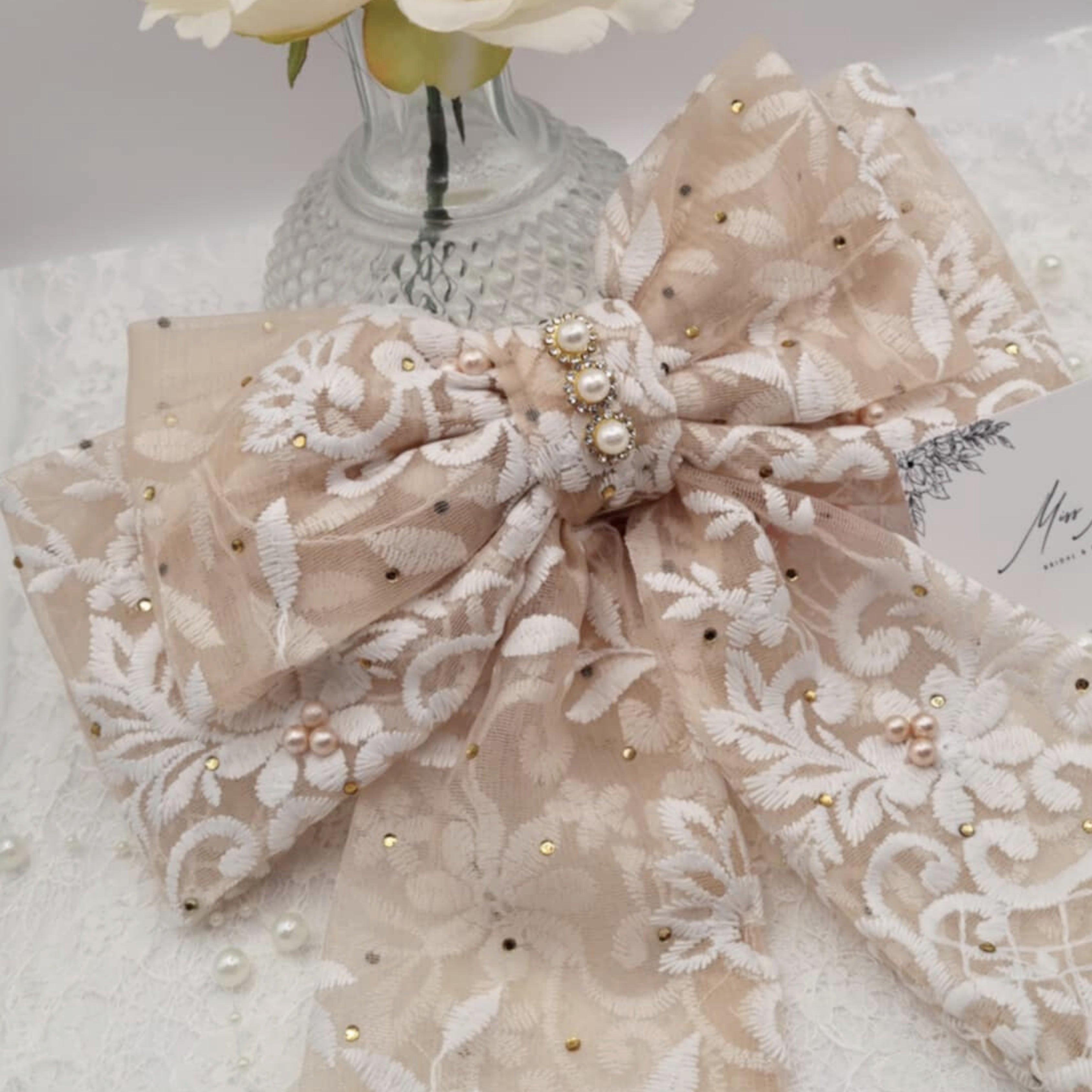 Tinselle Satin Bow | Sparkly Lace Bow with Pearls & Diamanté