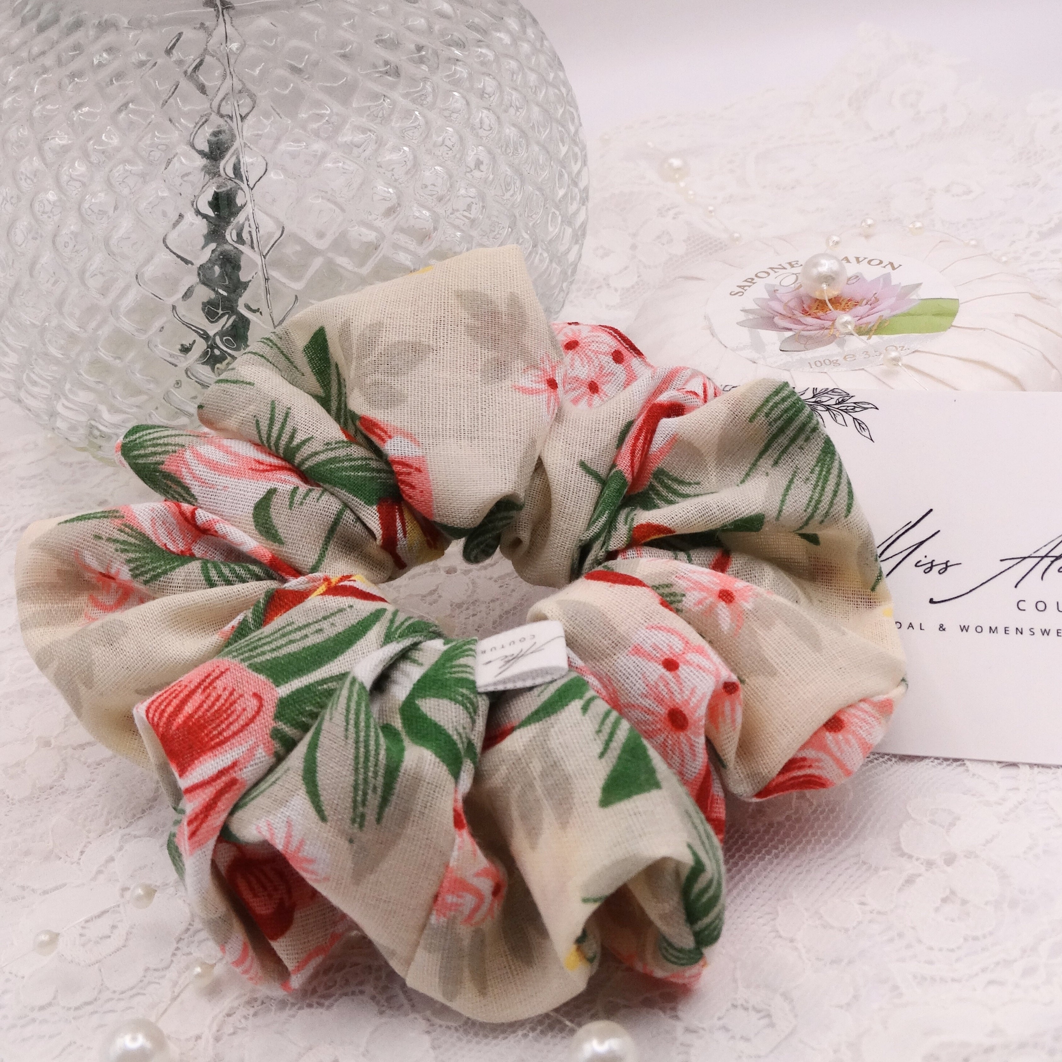 Flora Mini Scrunchie | Soft Cotton, Pinks and Sage | Hair Accessory