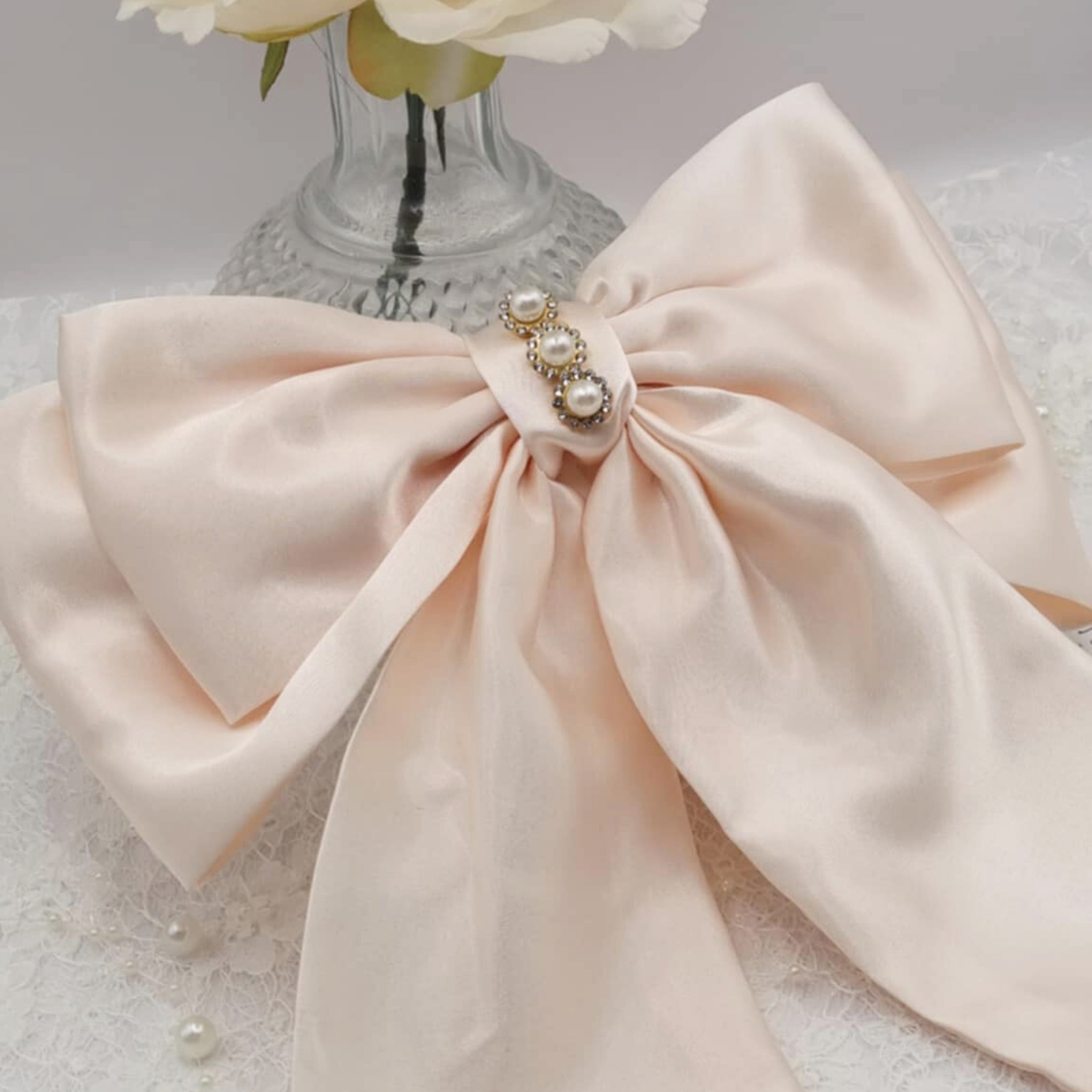 Angel Satin Bow | Silky Satin Bow with Pearls & Diamanté