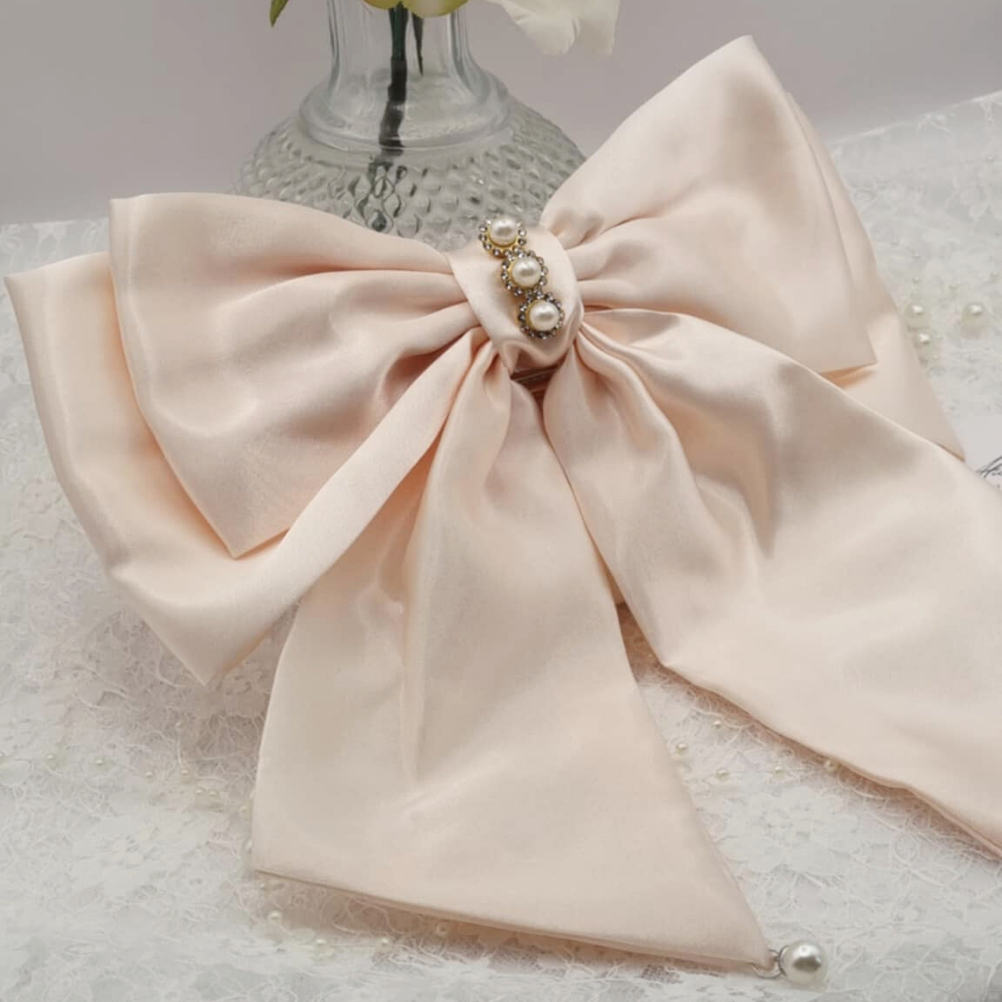 Angel Satin Bow | Silky Satin Bow with Pearls & Diamanté