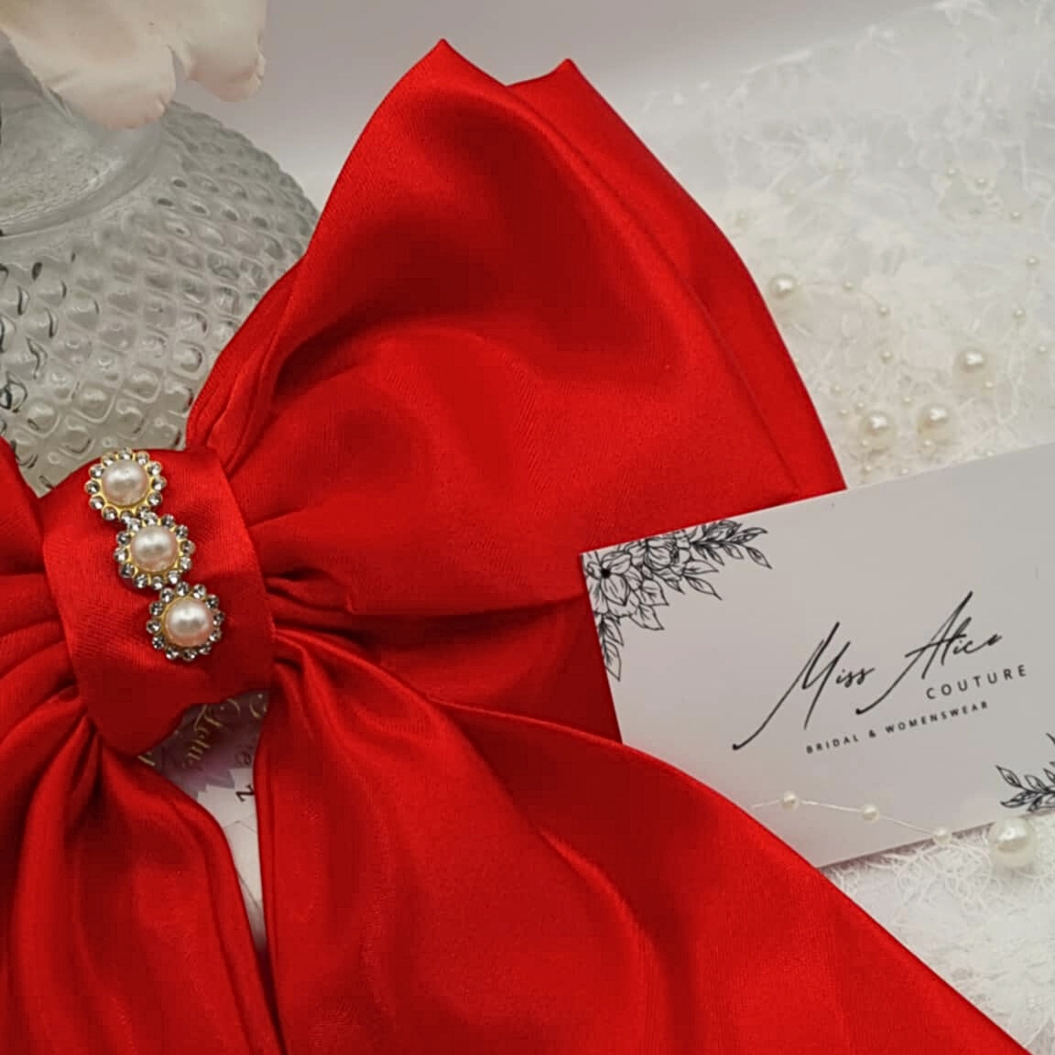 Holly Satin Bow | Silky Satin Bow with Pearls & Diamanté