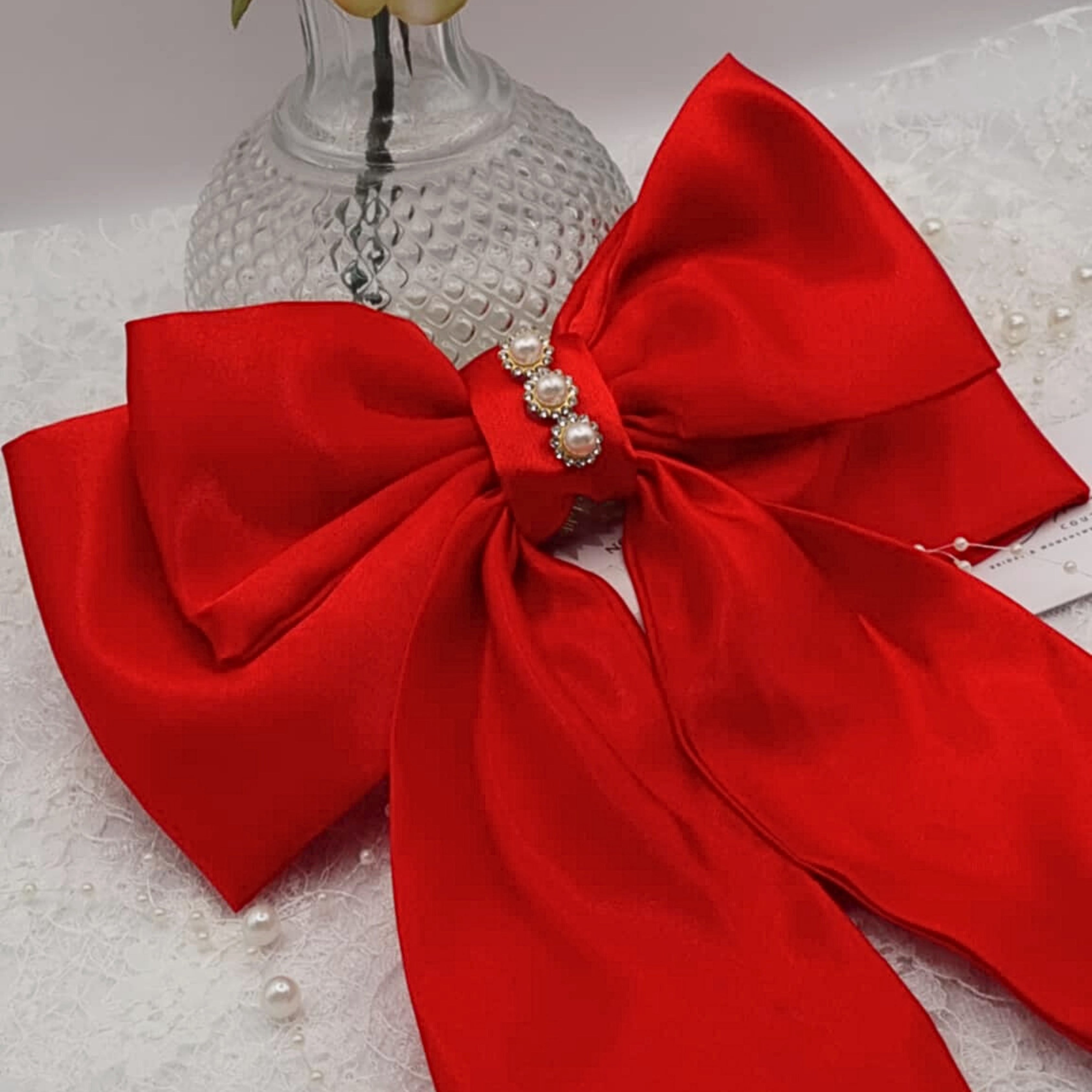 Holly Satin Bow | Silky Satin Bow with Pearls & Diamanté