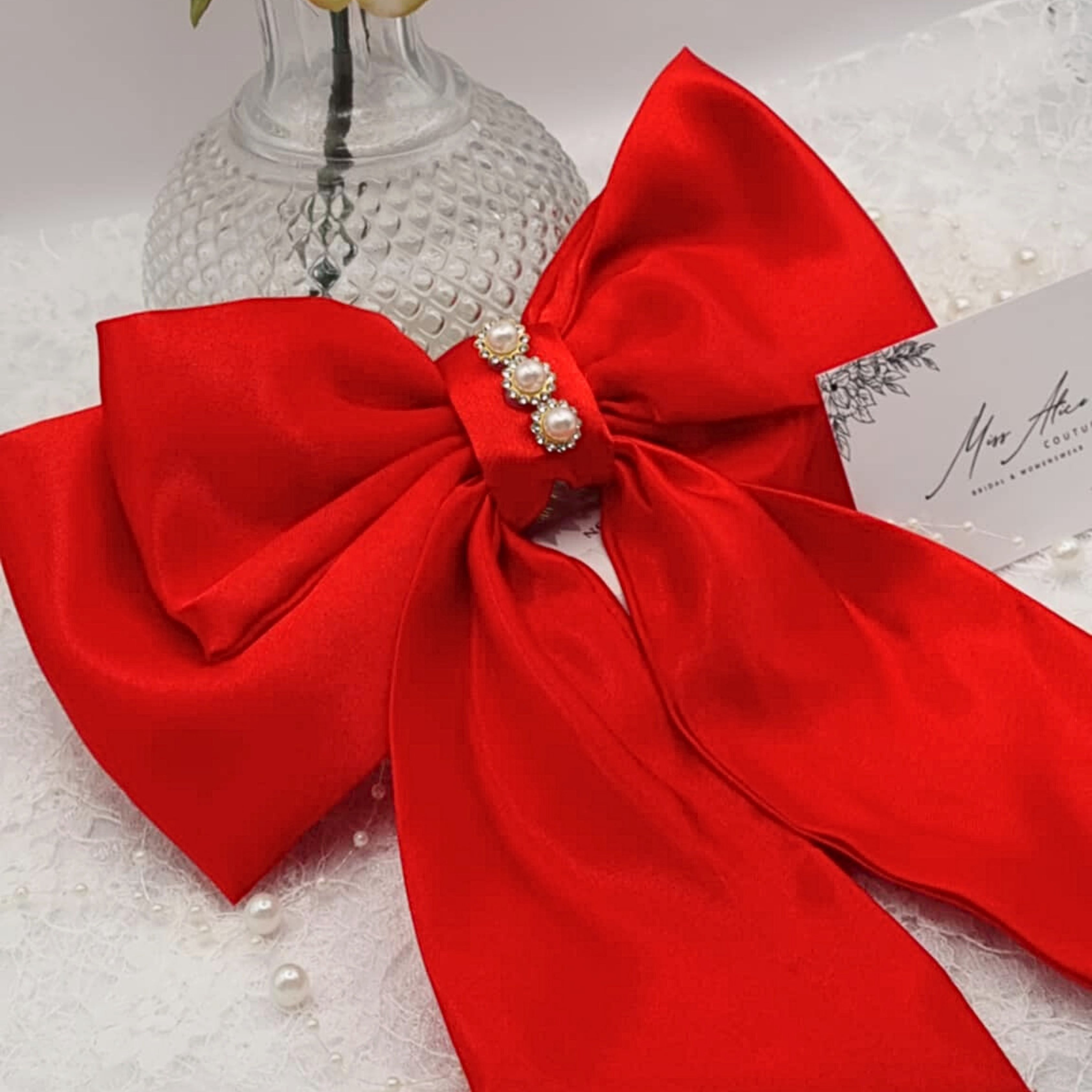 Holly Satin Bow | Silky Satin Bow with Pearls & Diamanté