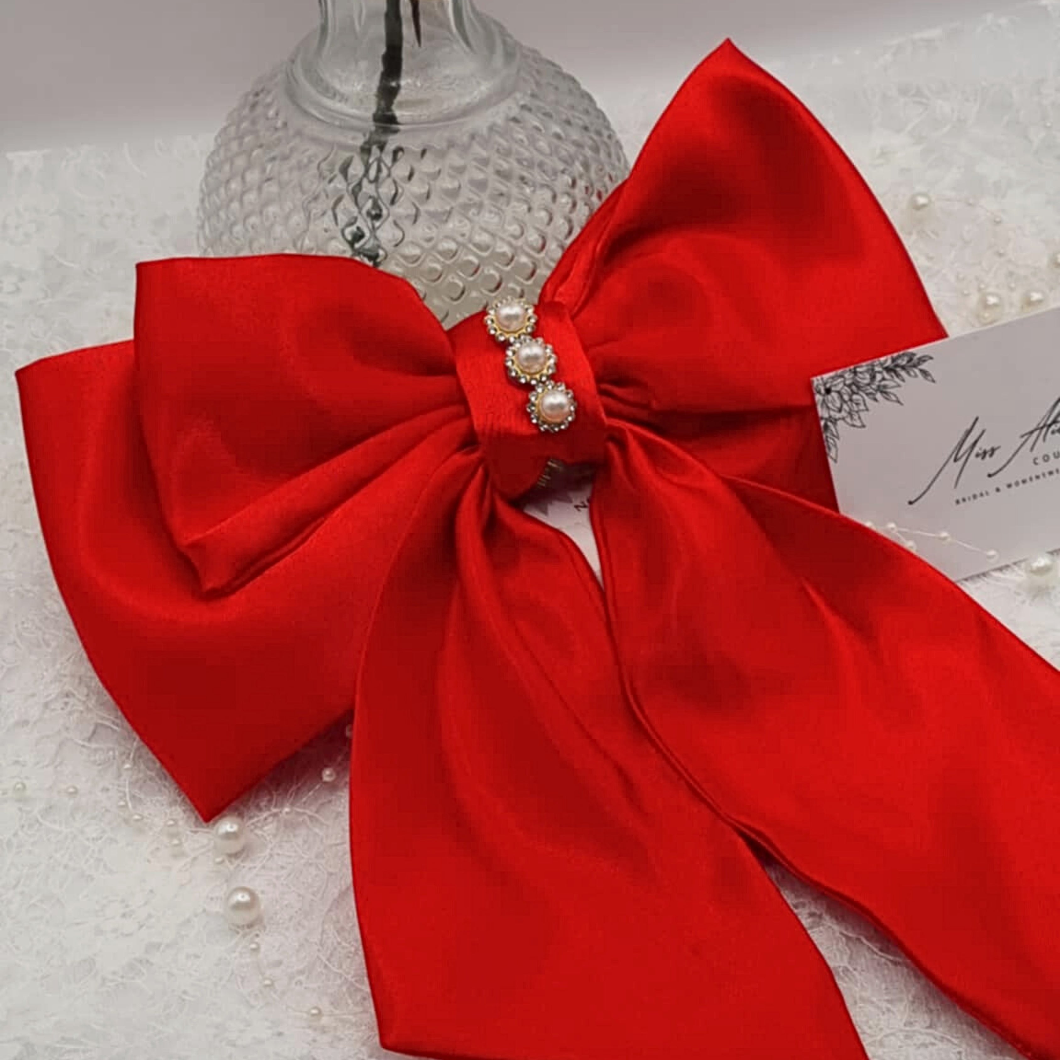 Holly Satin Bow | Silky Satin Bow with Pearls & Diamanté