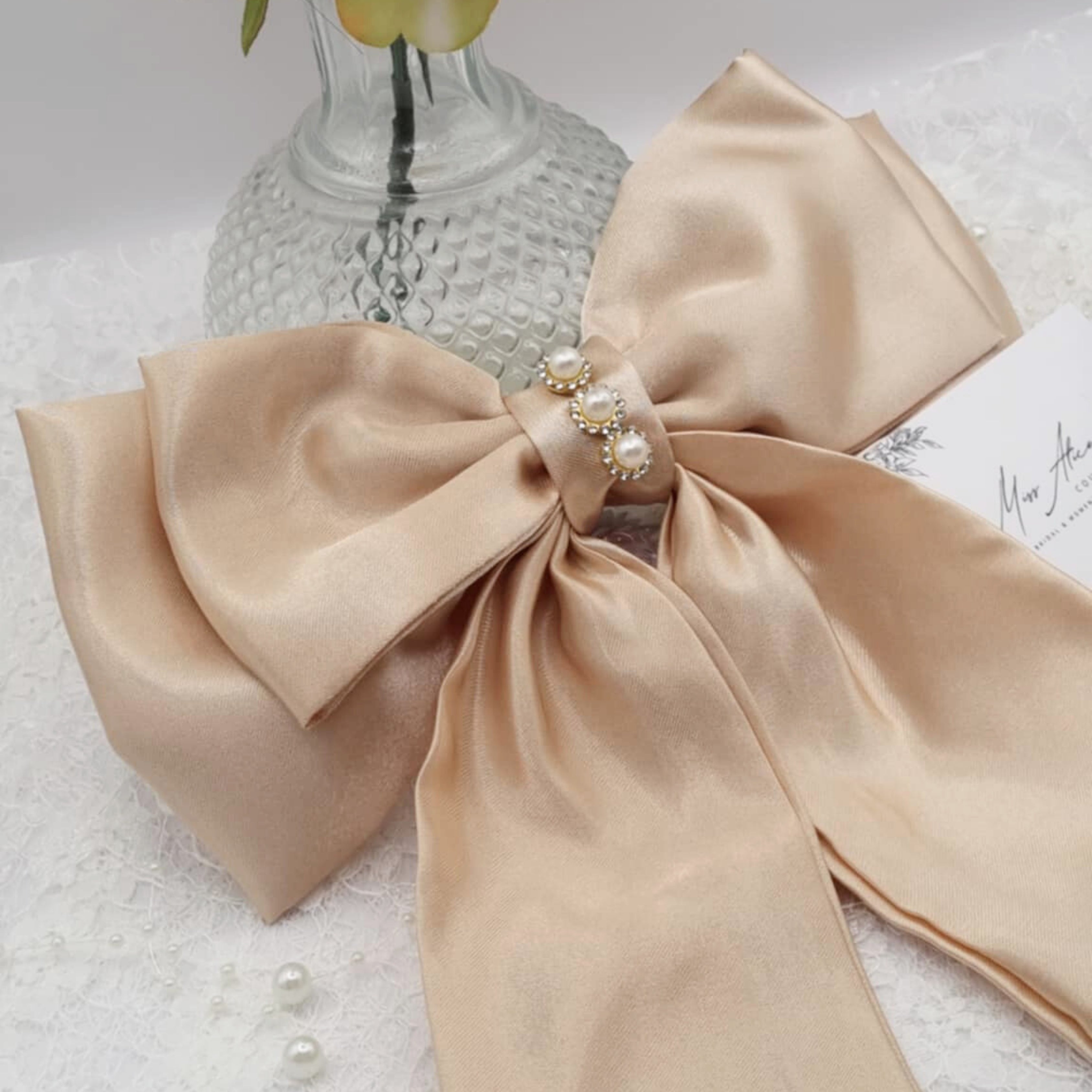 Aurelia Satin Bow | Silky Satin Bow with Pearls & Diamanté