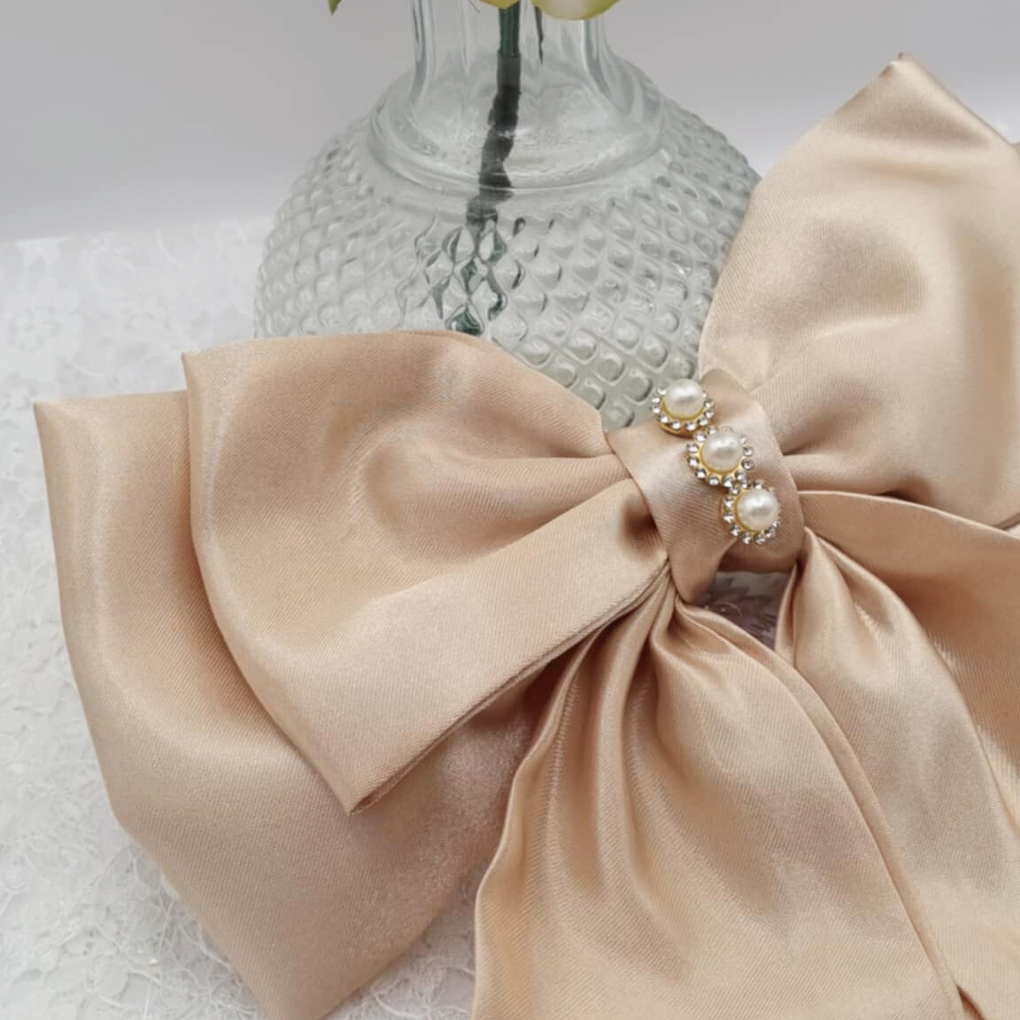 Aurelia Satin Bow | Silky Satin Bow with Pearls & Diamanté