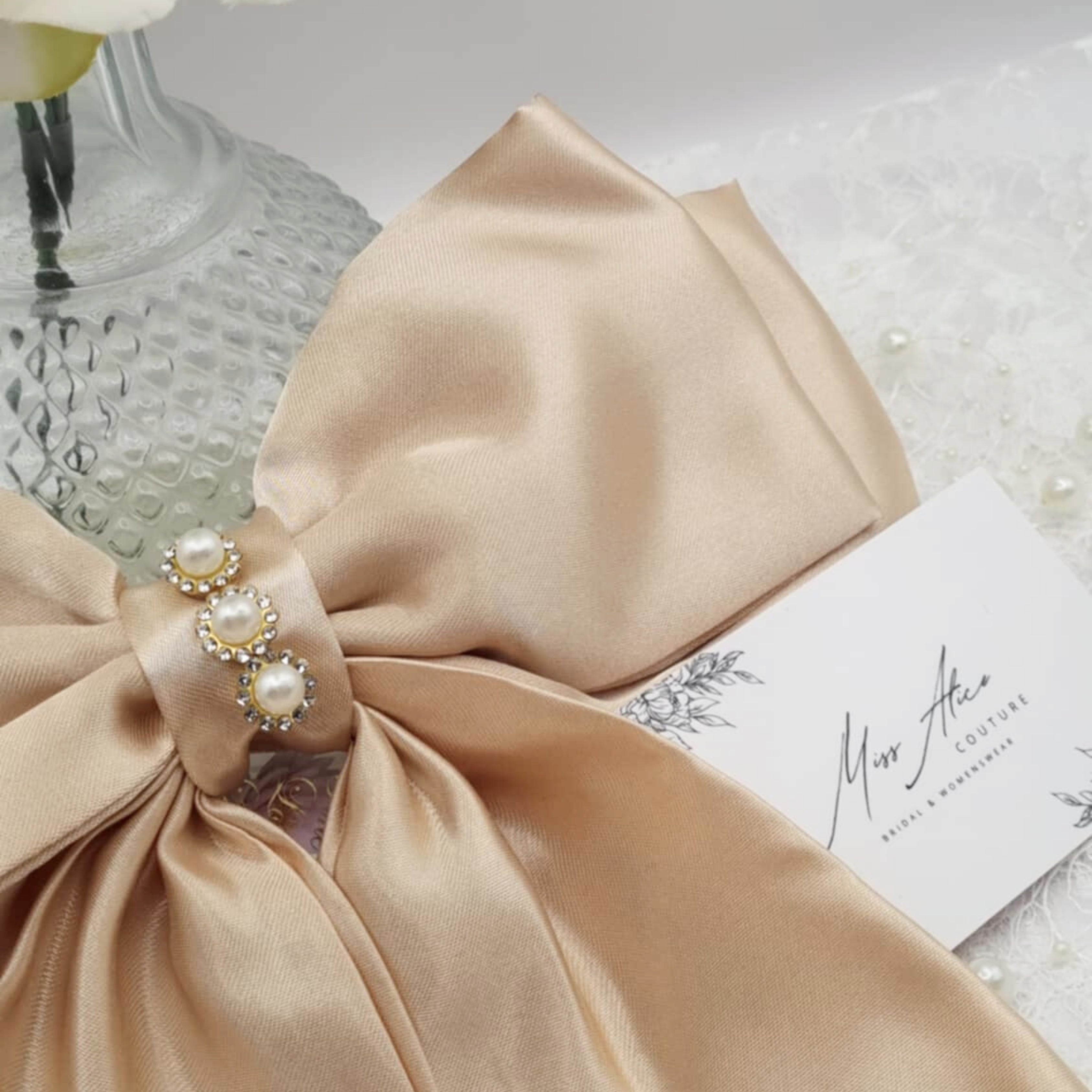 Aurelia Satin Bow | Silky Satin Bow with Pearls & Diamanté