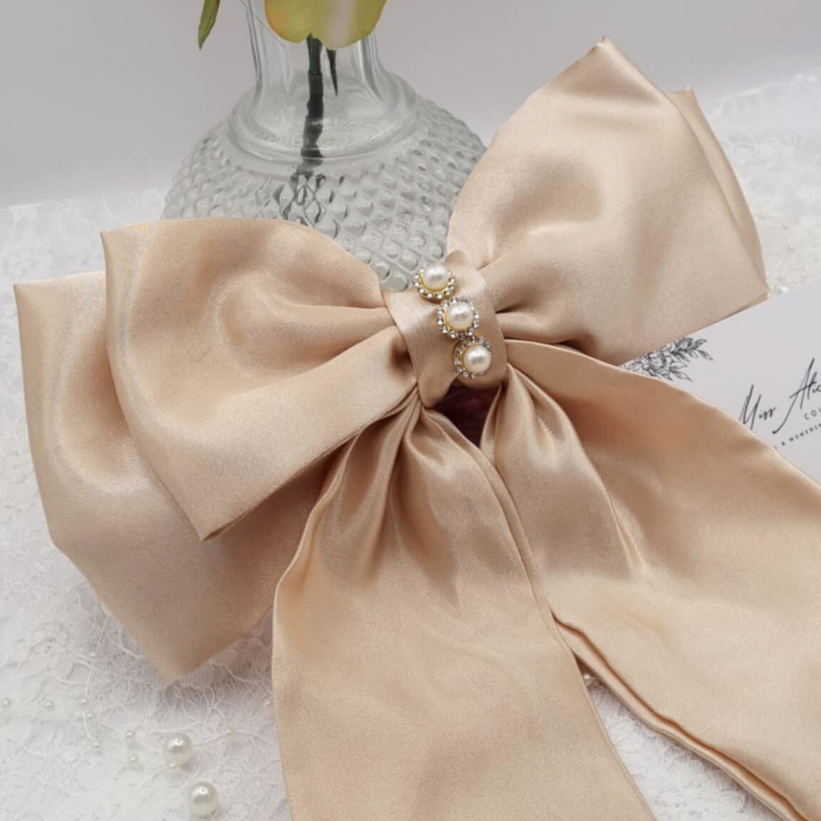 Aurelia Satin Bow | Silky Satin Bow with Pearls & Diamanté