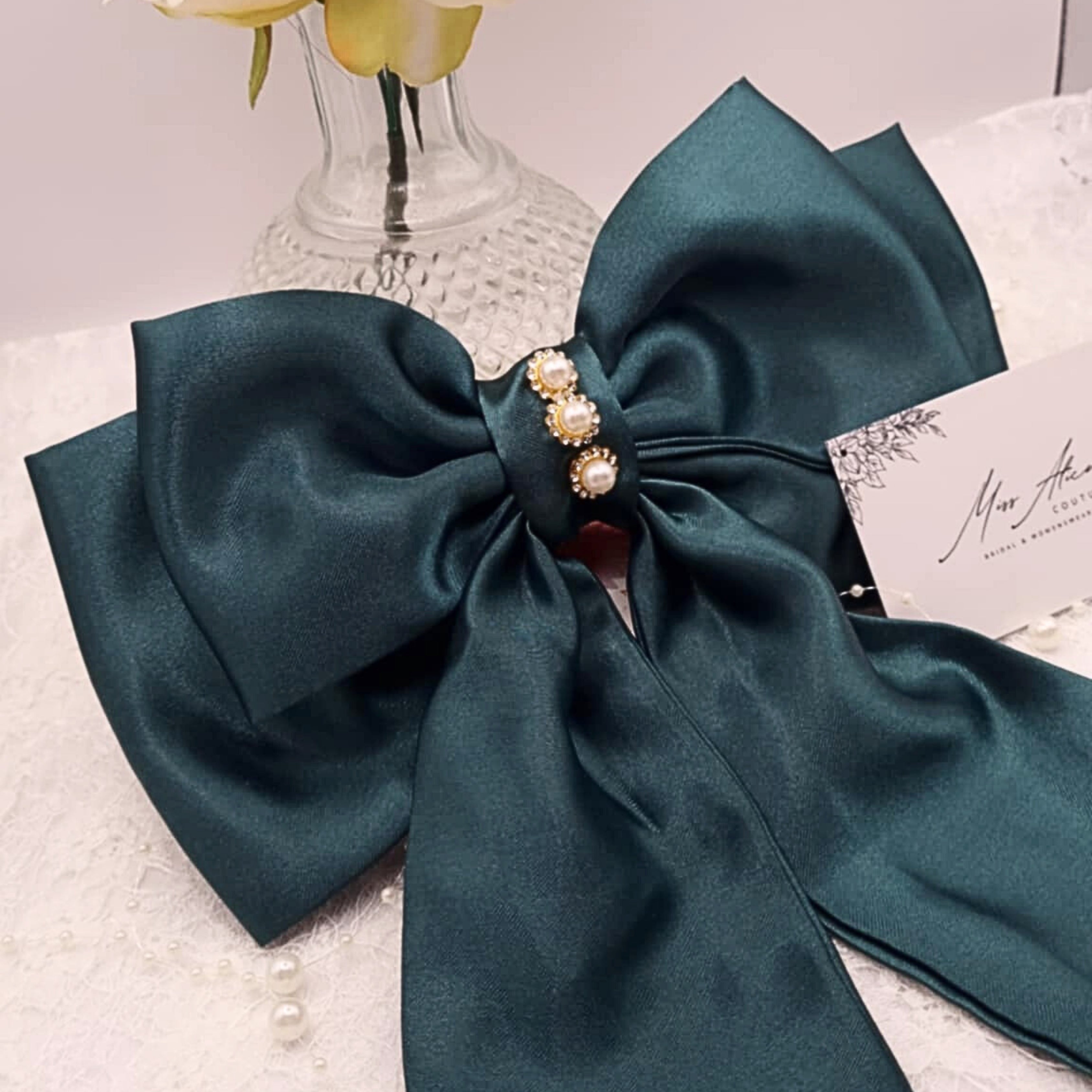 Noella Satin Bow | Silky Satin Bow with Pearls & Diamanté