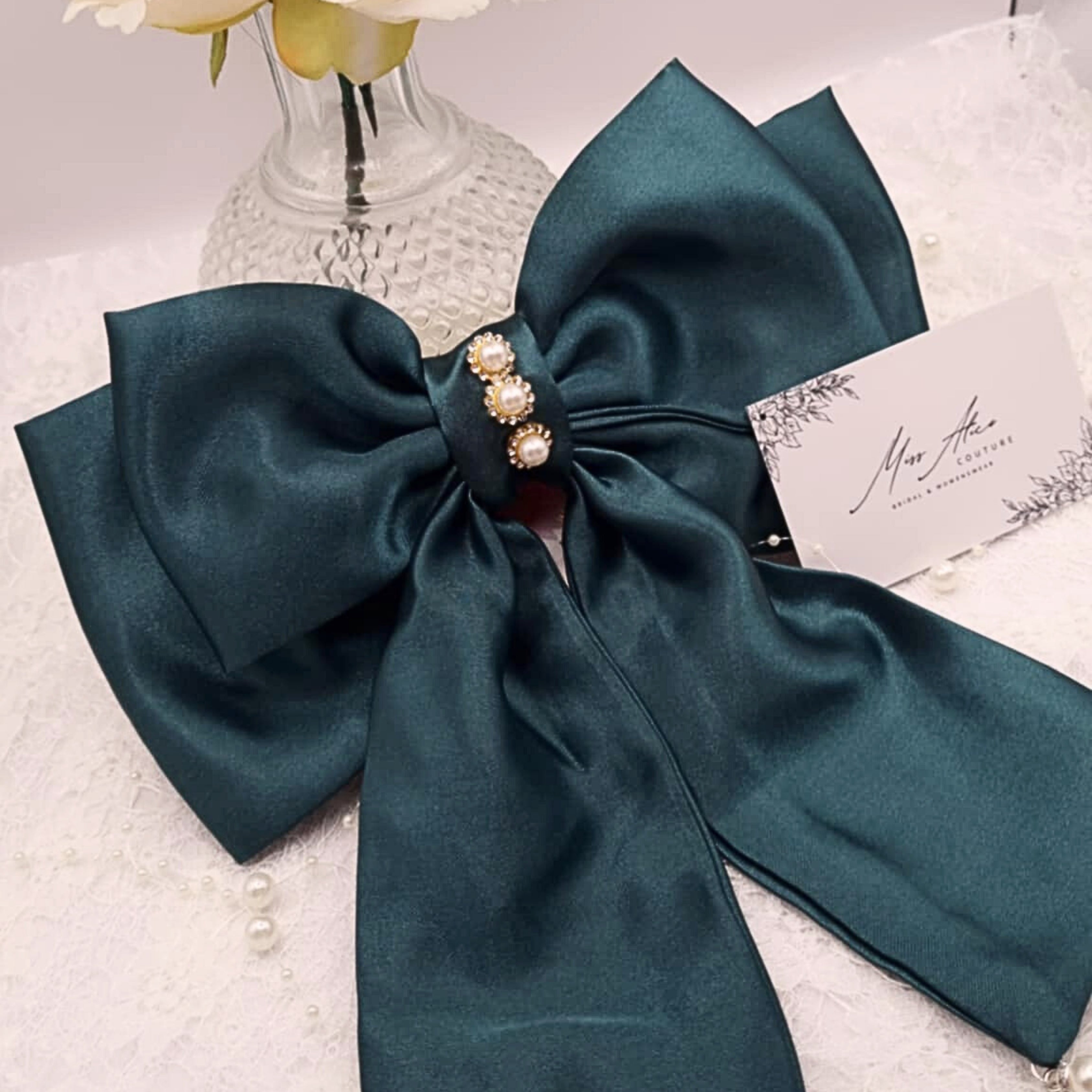 Noella Satin Bow | Silky Satin Bow with Pearls & Diamanté