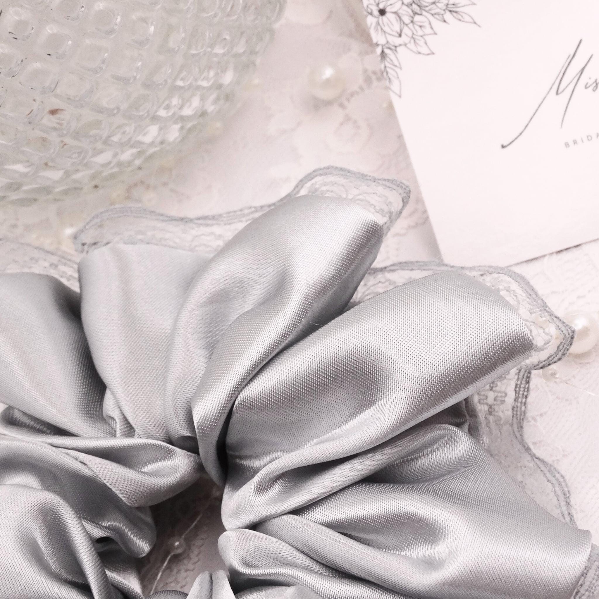 Willow Satin Scrunchie | Delicate Teal Blue Grey with Lace Trim