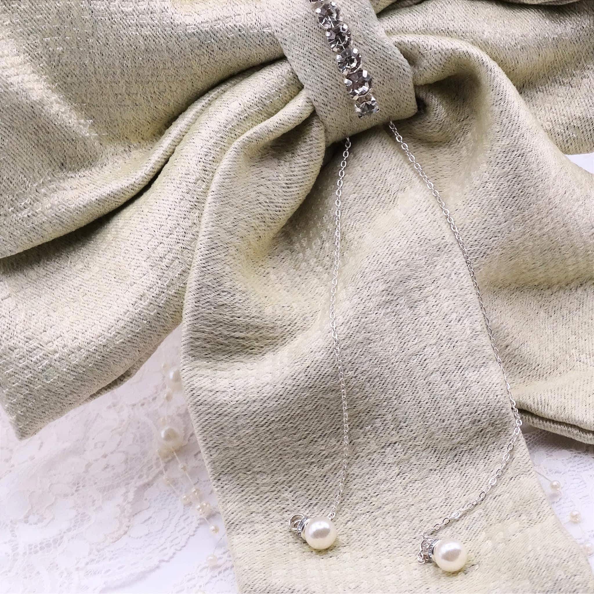 Faye Sage Green Hair Bow | Beaded Bow with Pearls & Diamanté