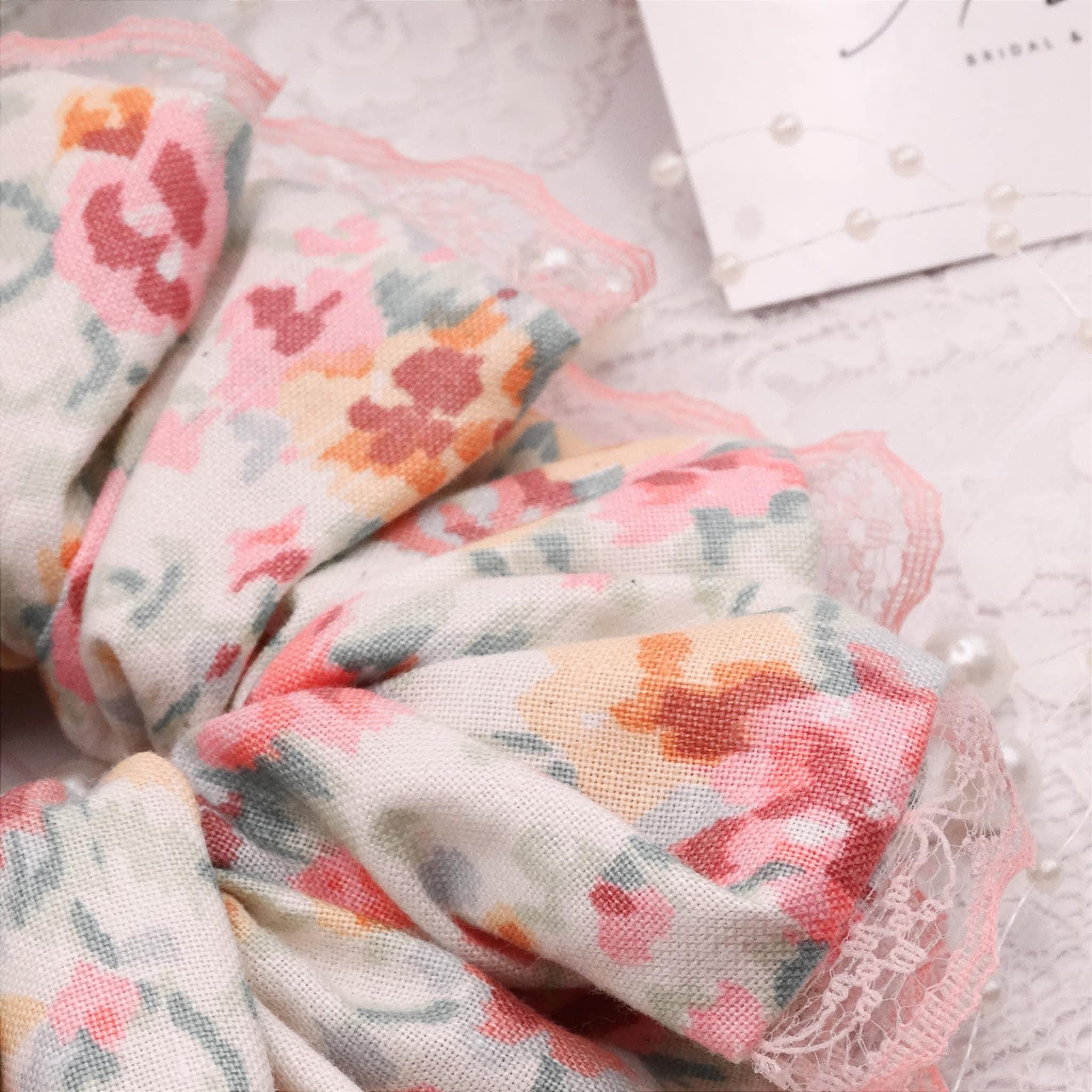 Lydia Cotton Floral Scrunchie | Soft Beige, Cream Pink & Pastel Accents with Lace