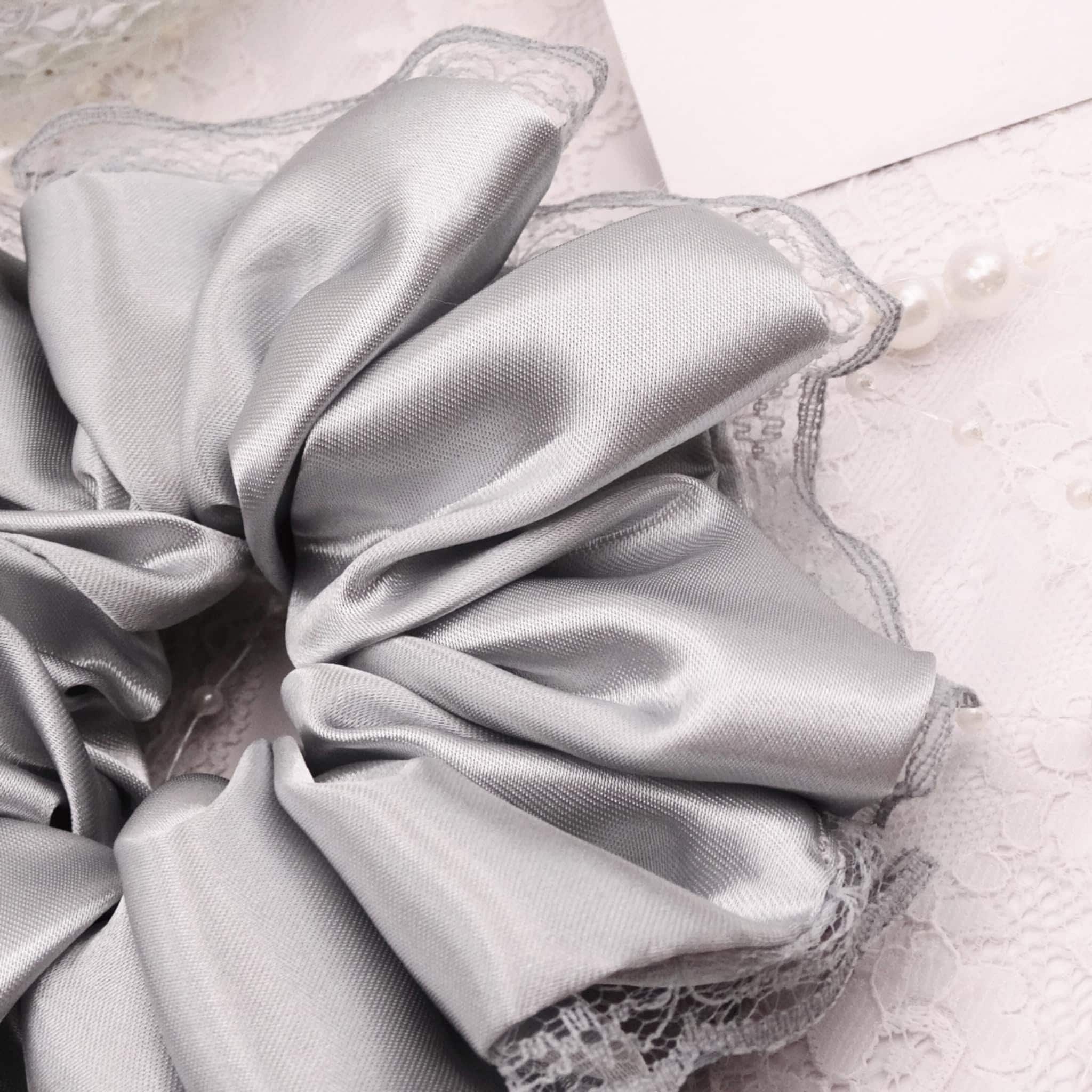 Willow Satin Scrunchie | Delicate Teal Blue Grey with Lace Trim