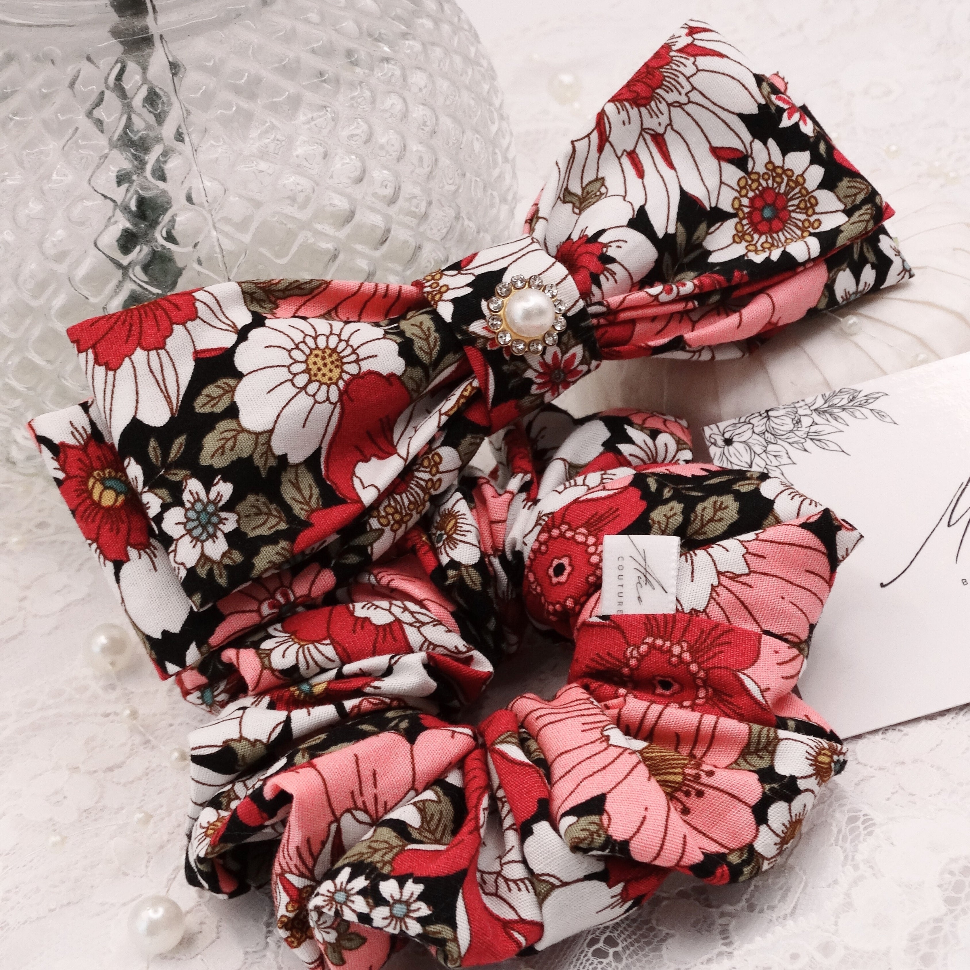 Gia Mini Scrunchie | Dark Pink With Green Accents | Hair Accessory