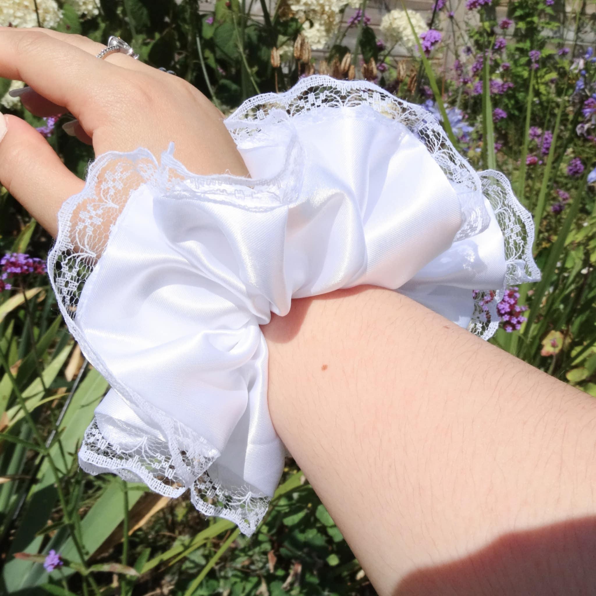Brielle Satin Scrunchie | Delicate Soft White with Lace Trim