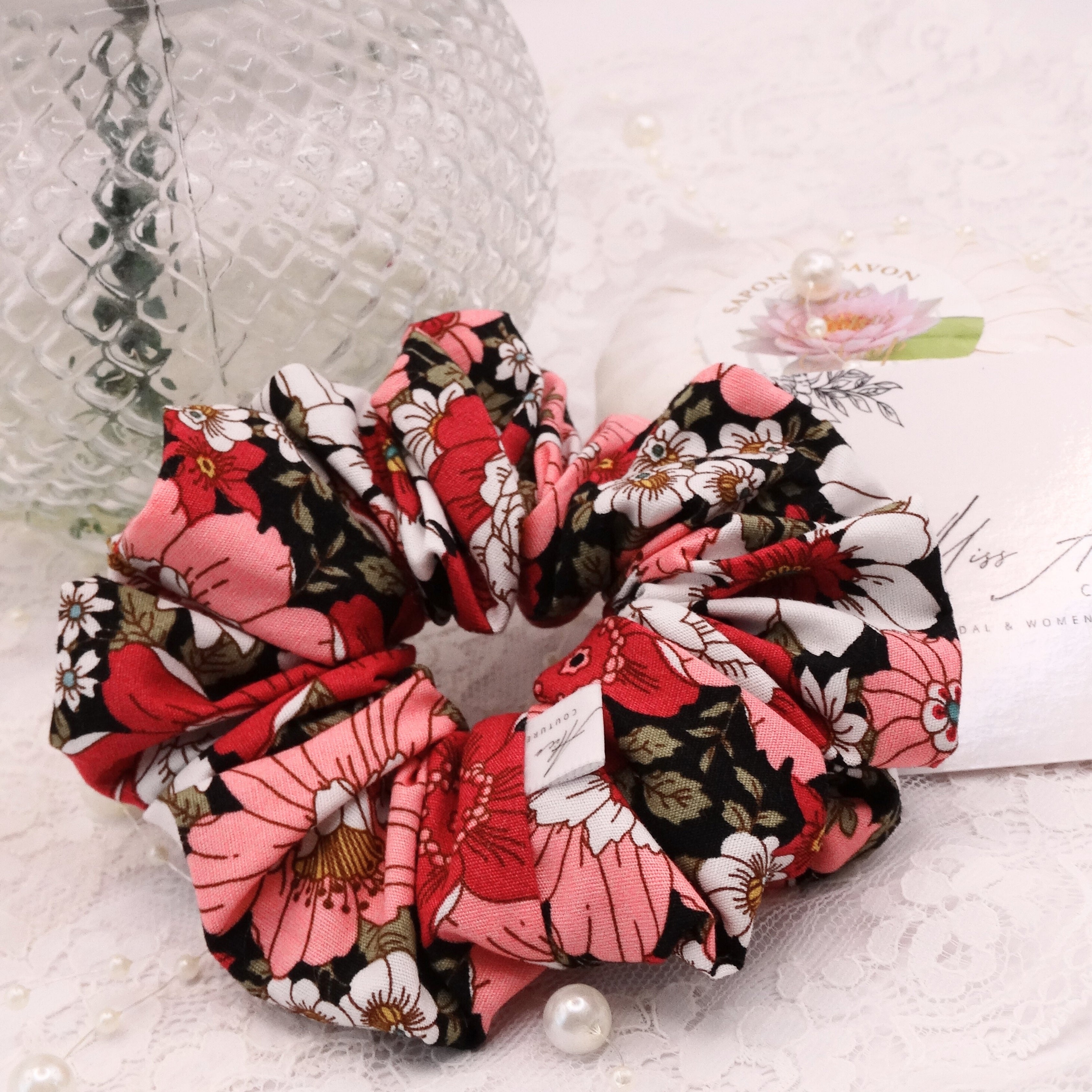 Gia Mini Scrunchie | Dark Pink With Green Accents | Hair Accessory