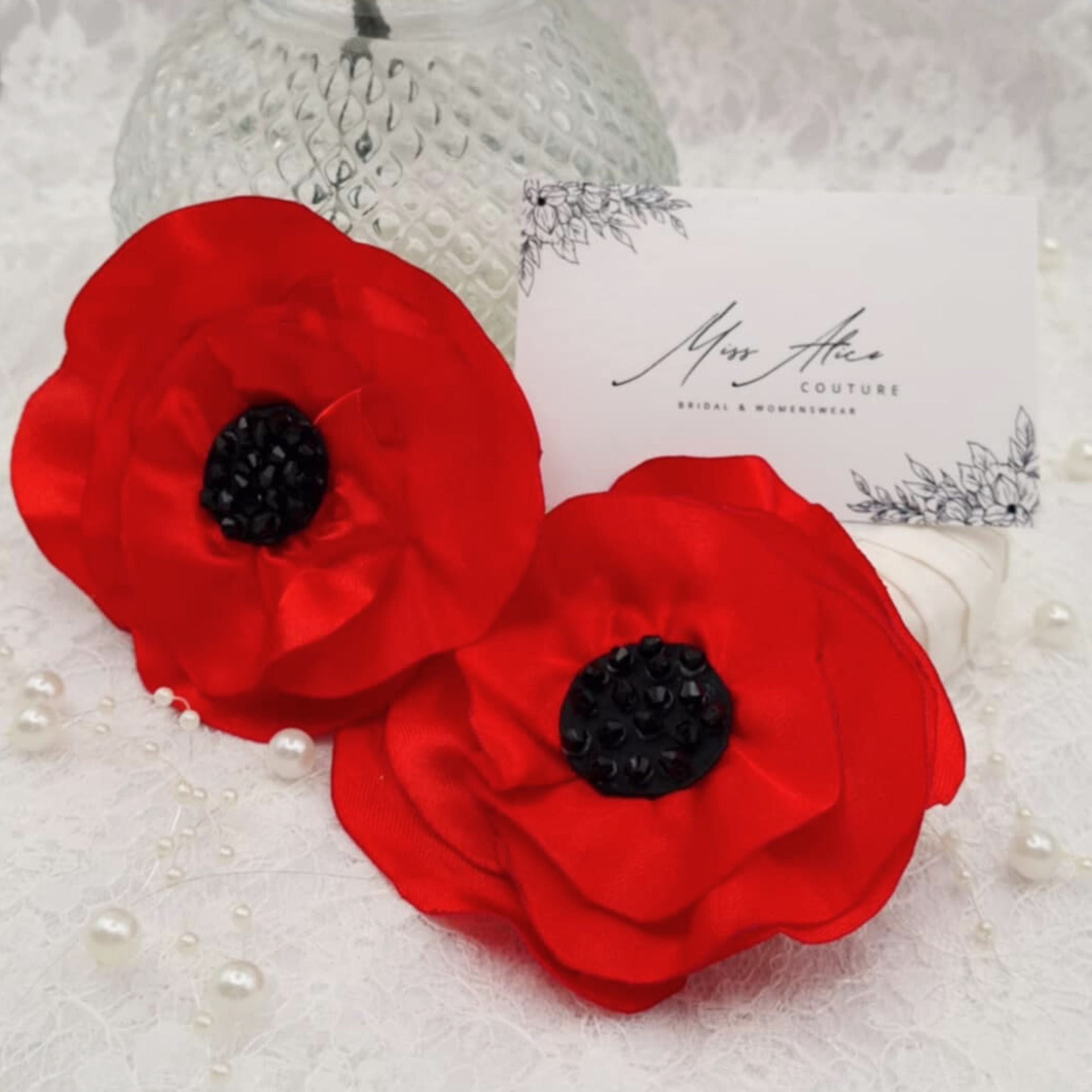 Poppy Brooch | Silky Red Satin with Black Beads