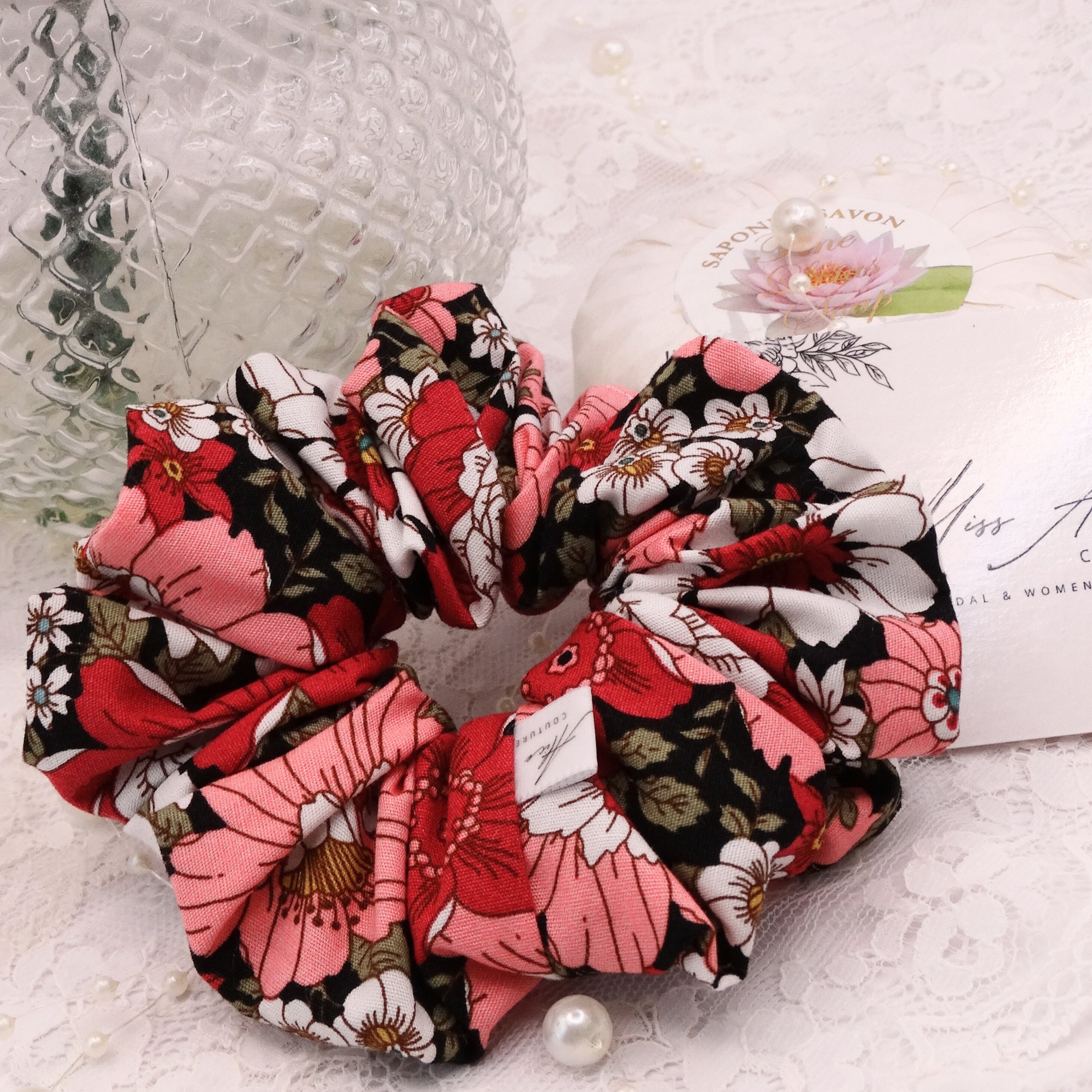 Gia Mini Scrunchie | Dark Pink With Green Accents | Hair Accessory