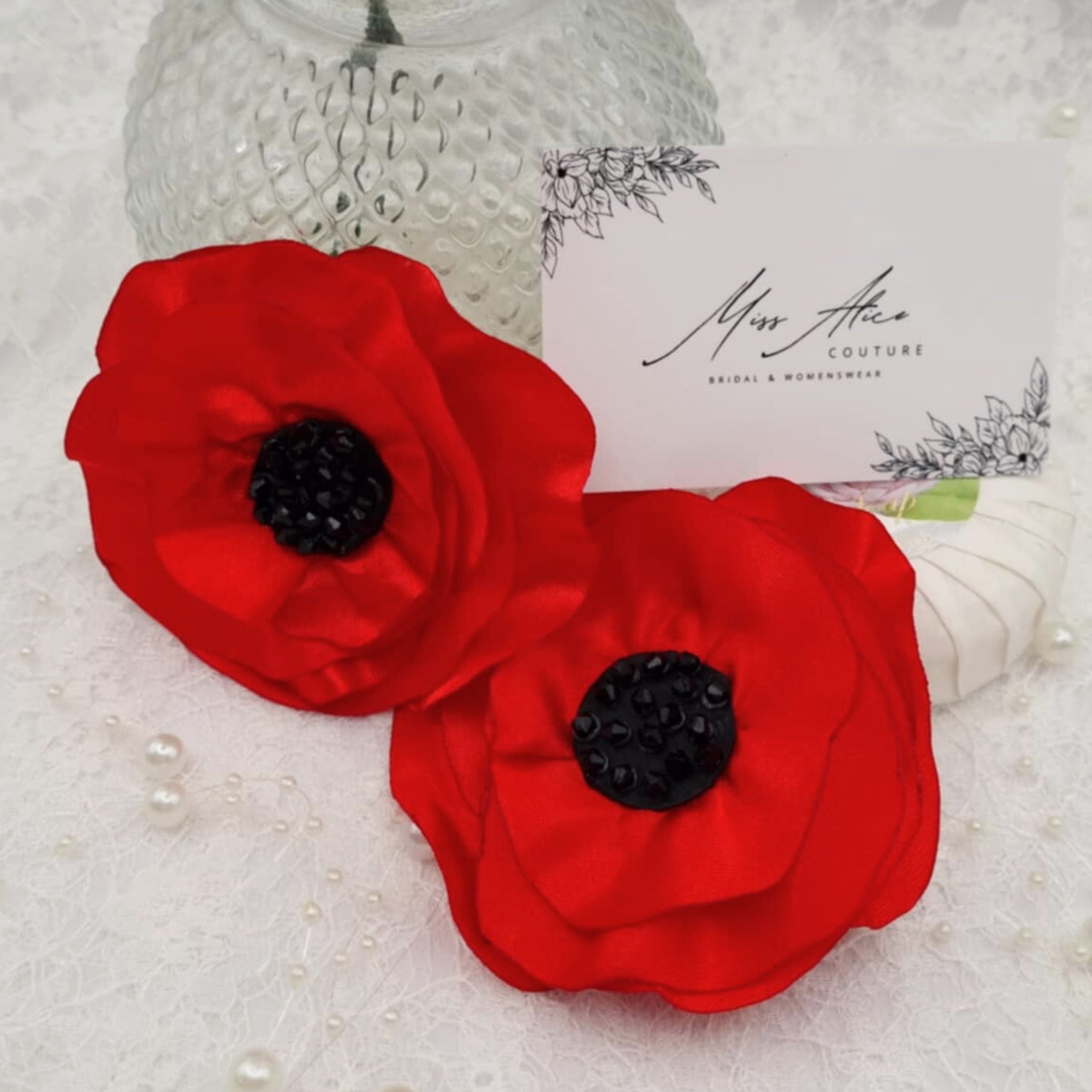 Poppy Brooch | Silky Red Satin with Black Beads