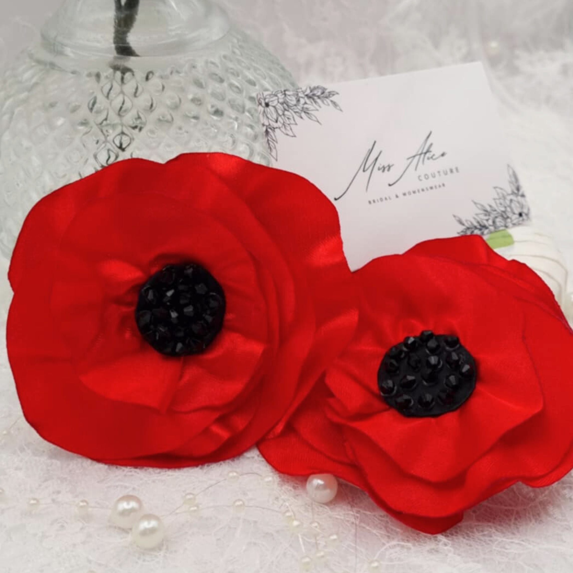 Poppy Brooch | Silky Red Satin with Black Beads