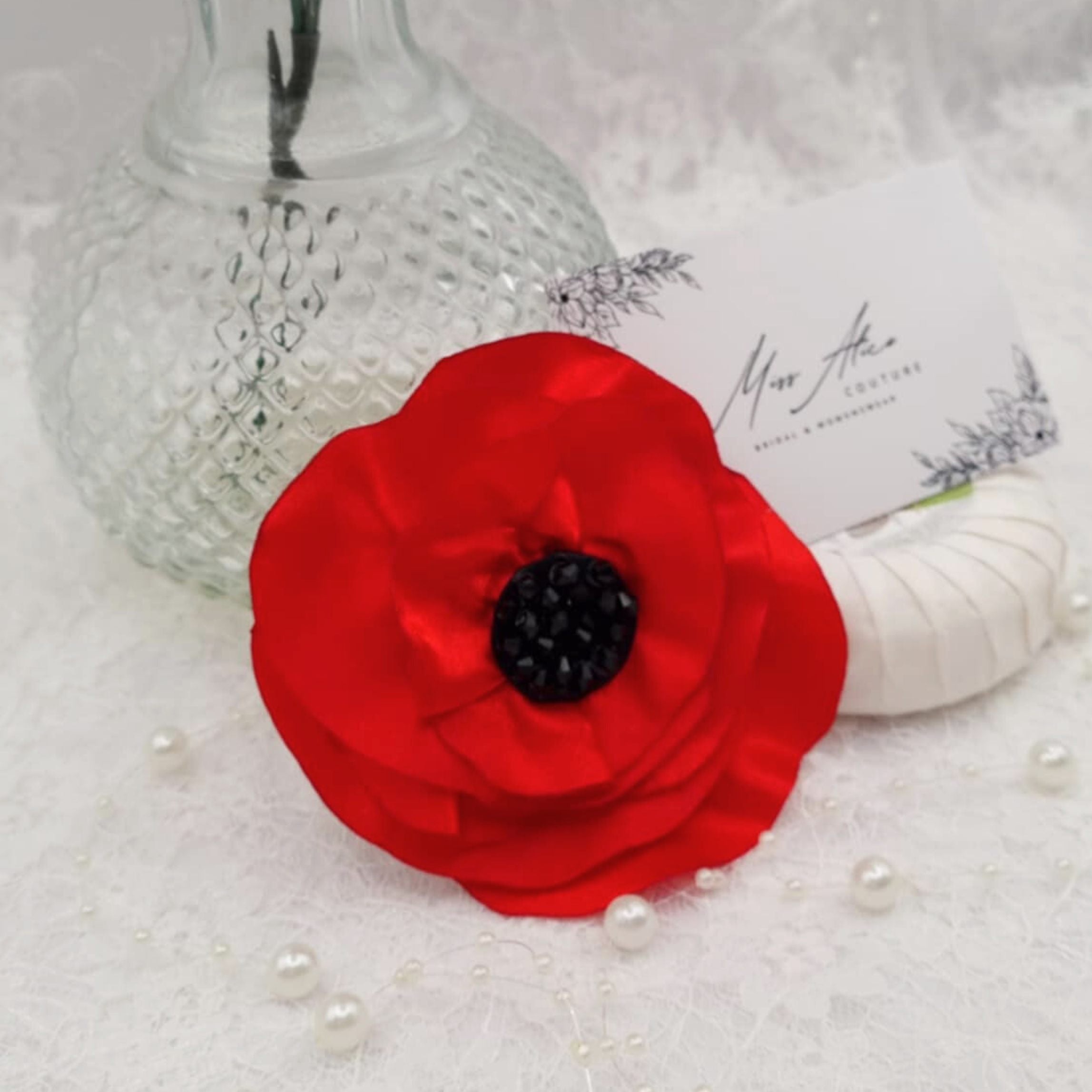 Poppy Brooch | Silky Red Satin with Black Beads
