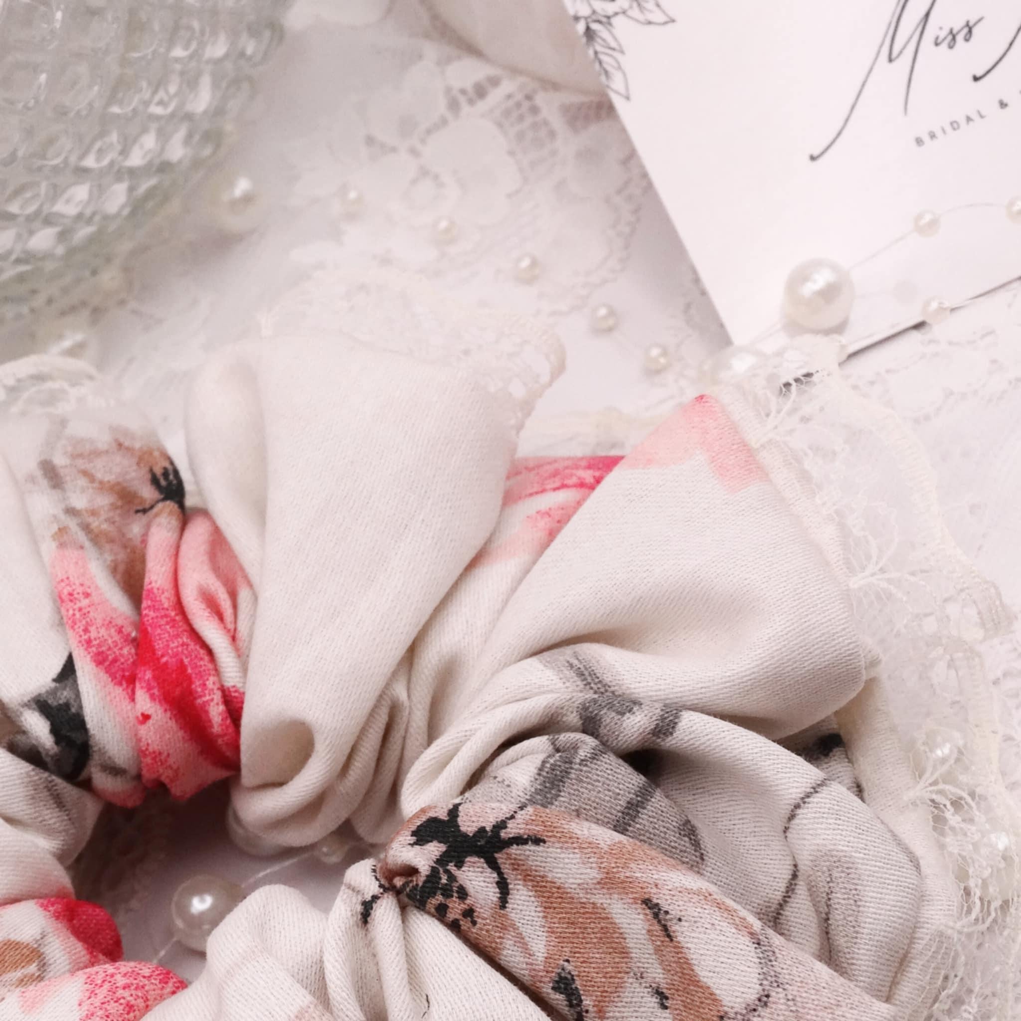 Layla Cotton Scrunchie |  Soft Beige Cream Pink with Lace Trim
