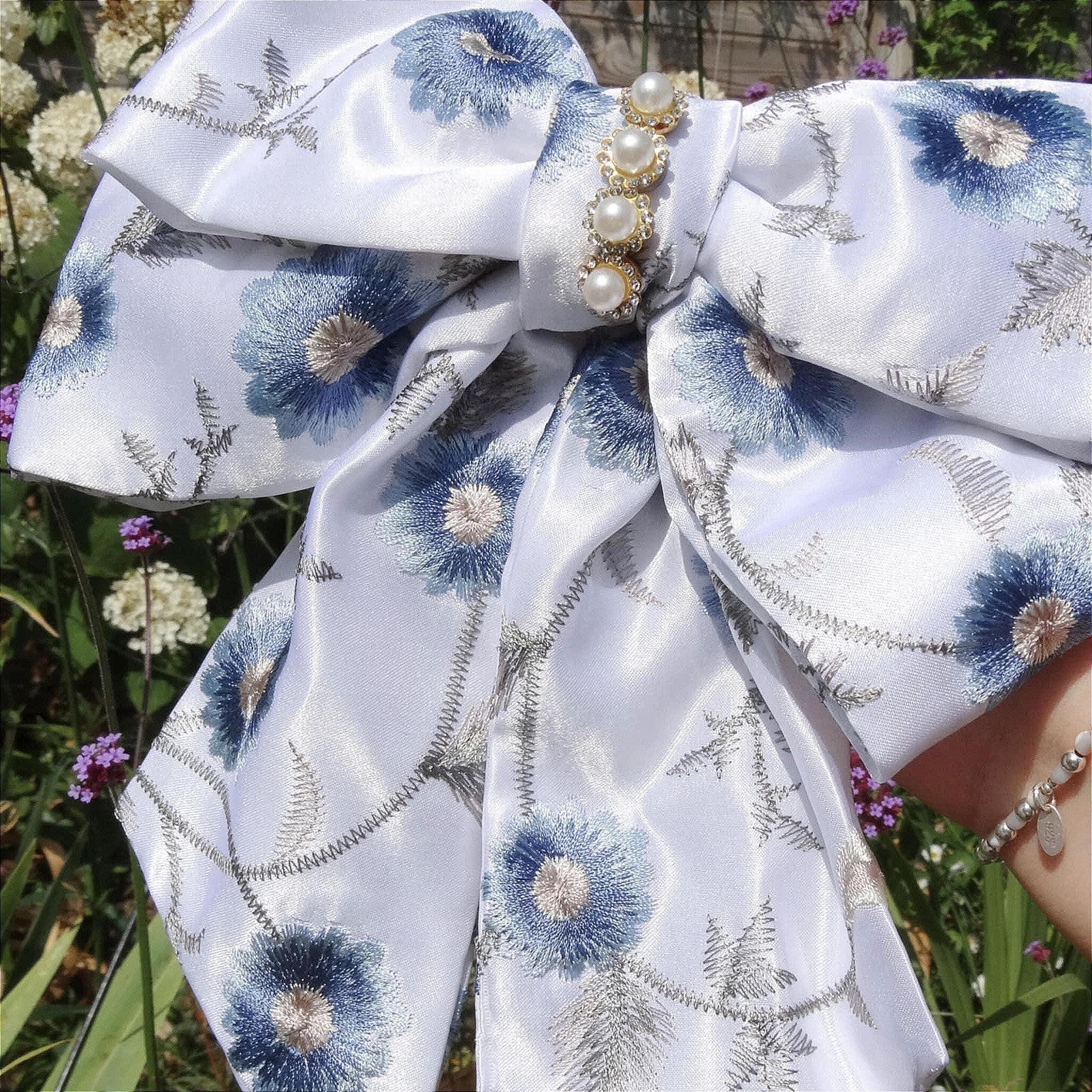 Ophelia Satin Hair Bow | White & Pastel Beaded Bow