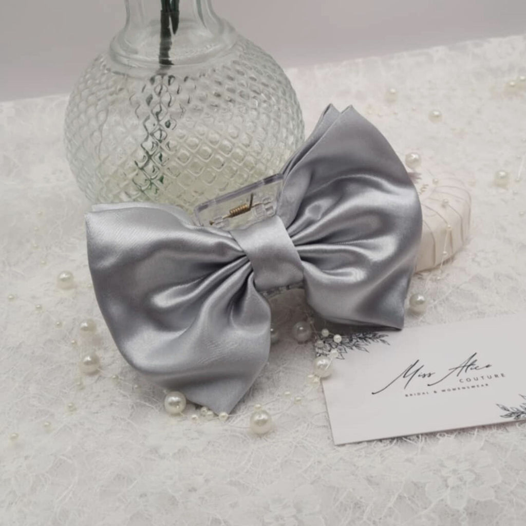 Willow Bow Claw Clip | Silky Soft Silver/Grey Satin