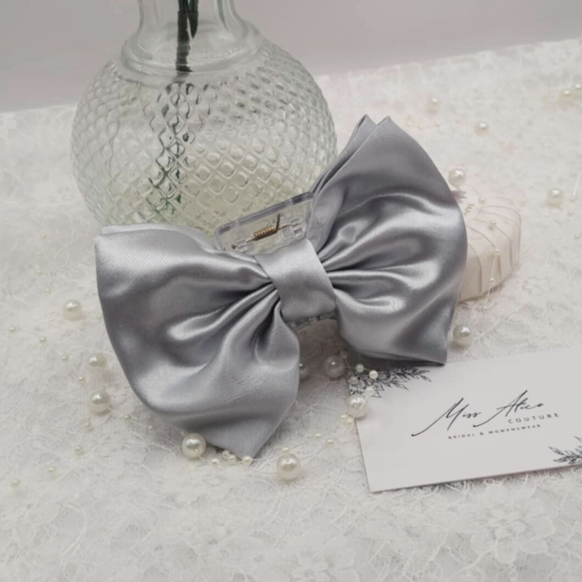 Willow Bow Claw Clip | Silky Soft Silver/Grey Satin