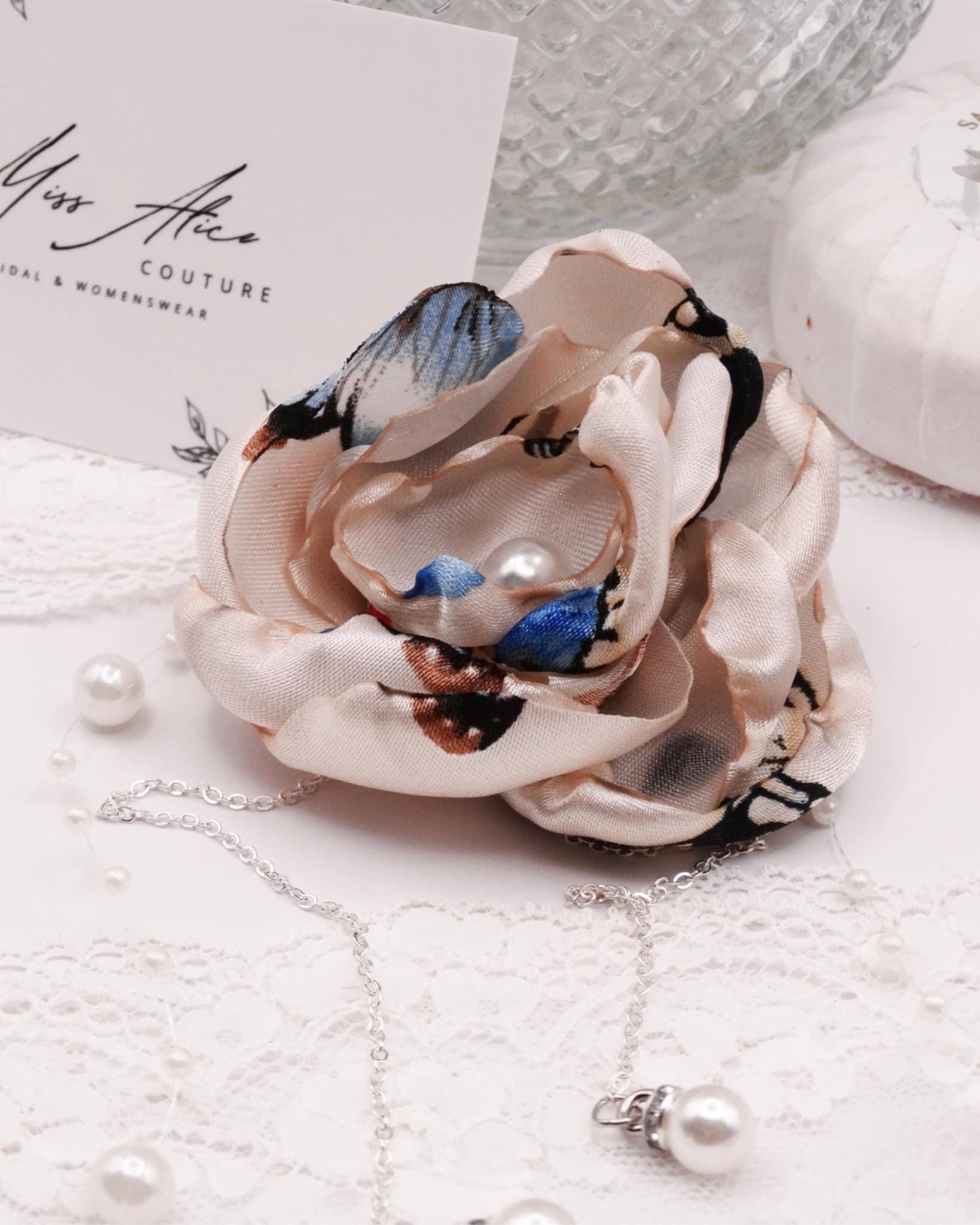 Rosaline Satin Flower Hair Clip with Hanging Pearl Chain | Pink Hair Accessory