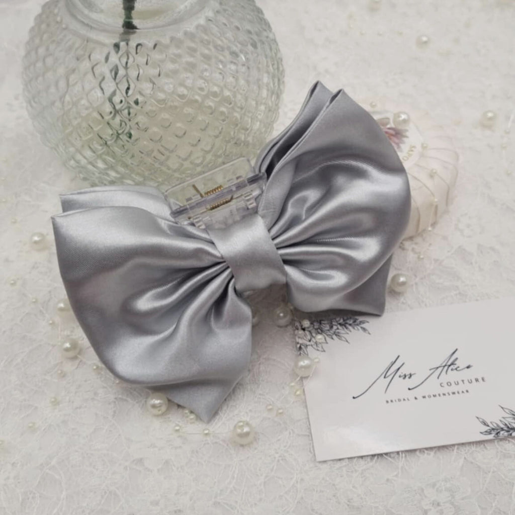 Willow Bow Claw Clip | Silky Soft Silver/Grey Satin