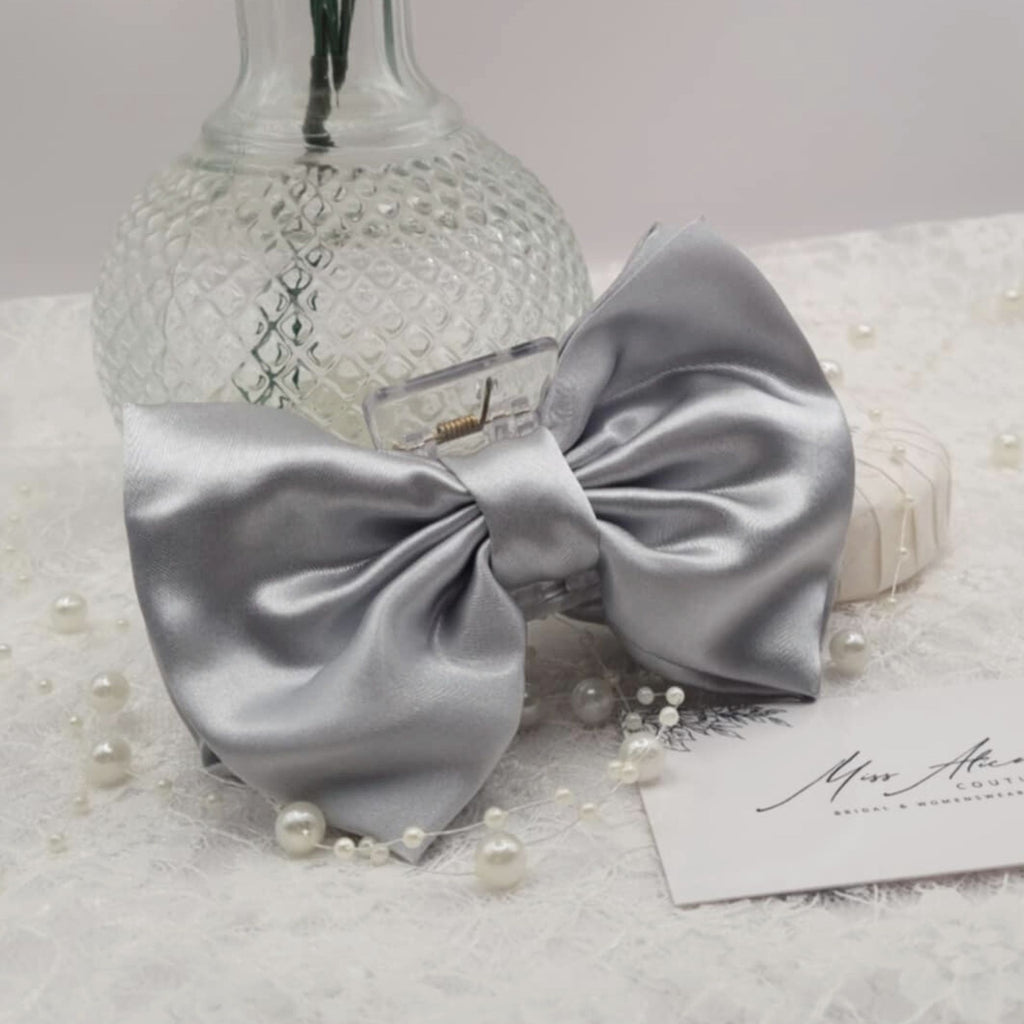 Willow Bow Claw Clip | Silky Soft Silver/Grey Satin