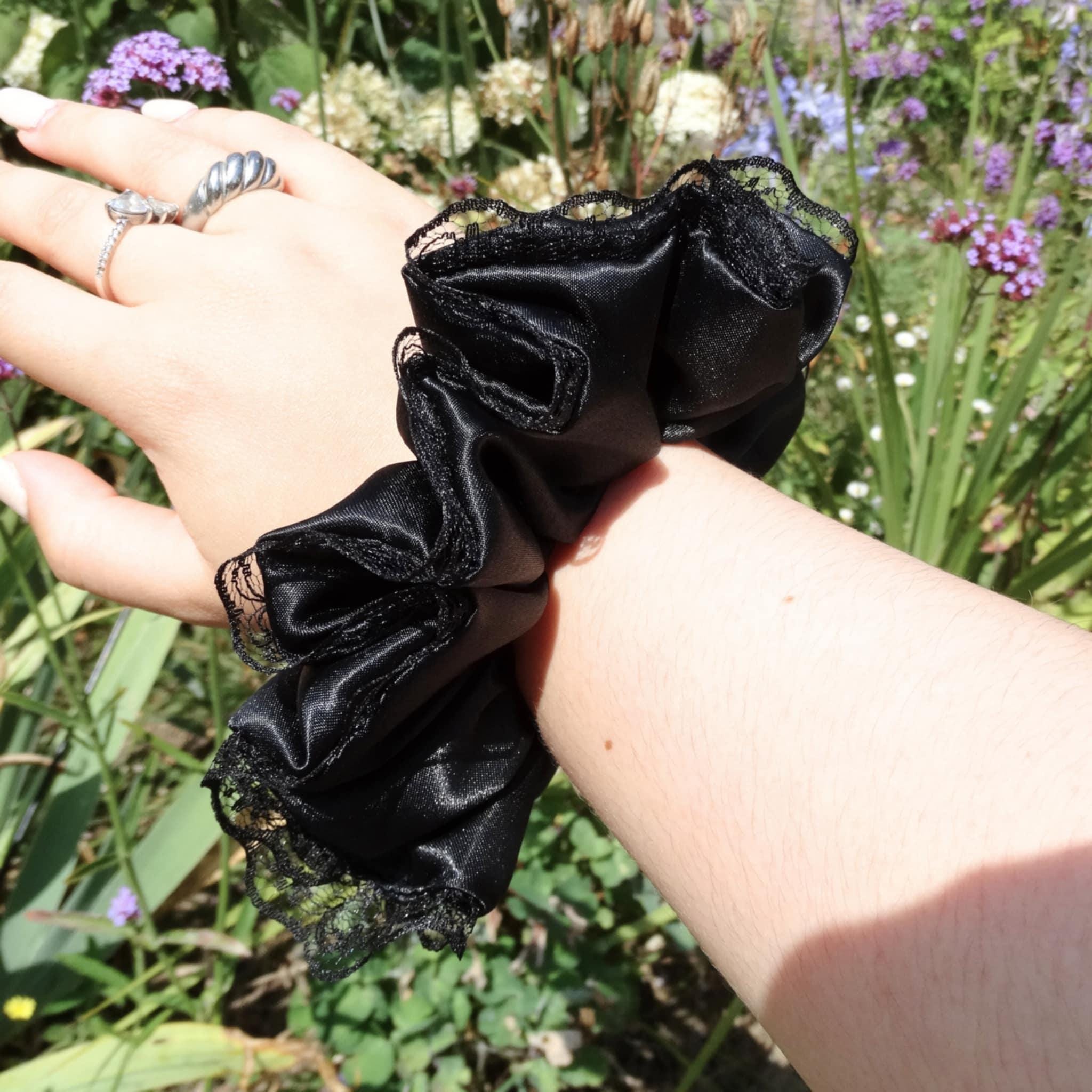 Zadie Satin Scrunchie | Delicate Black with Lace Trim