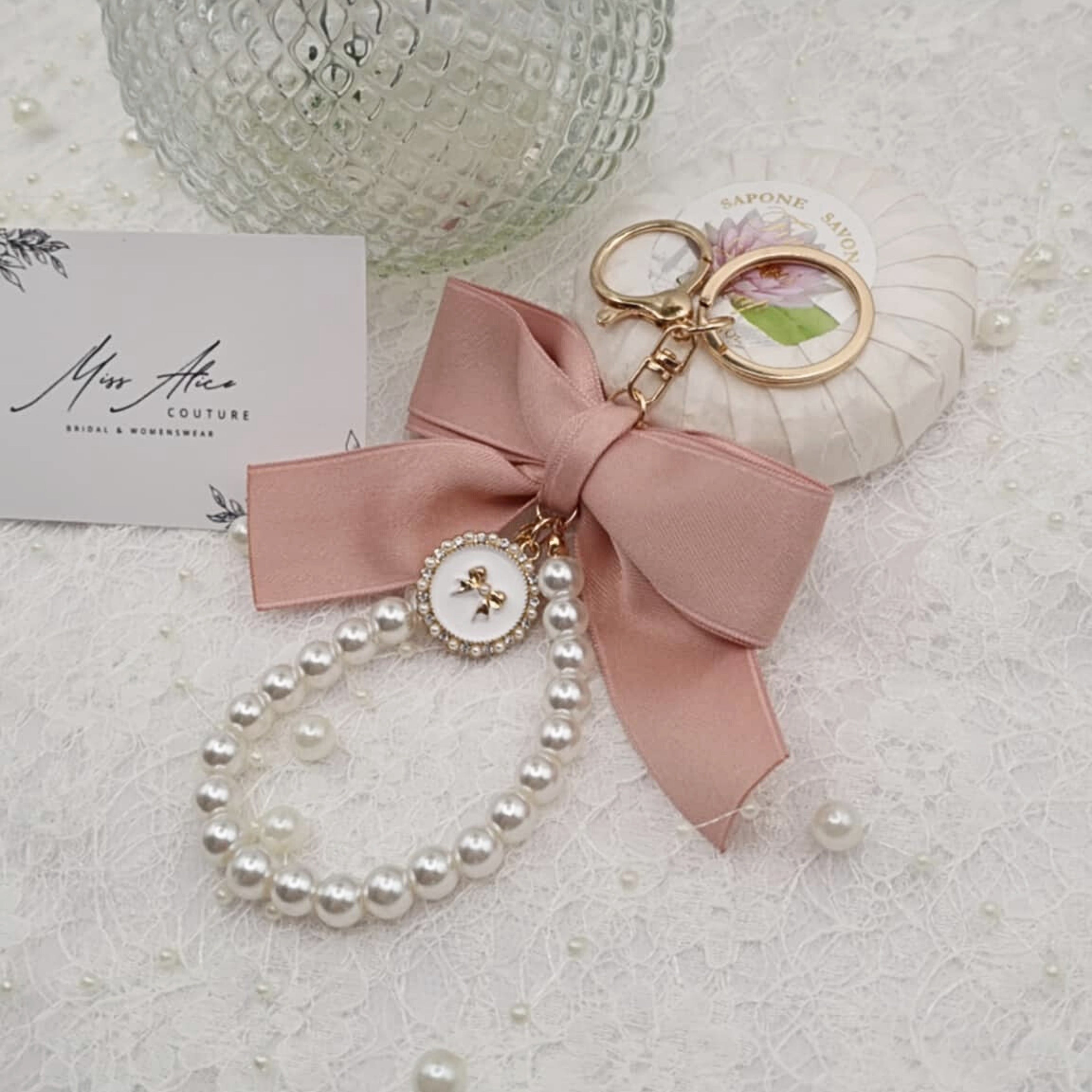 Pink Bow Pearl Charm Keychain | Accessory