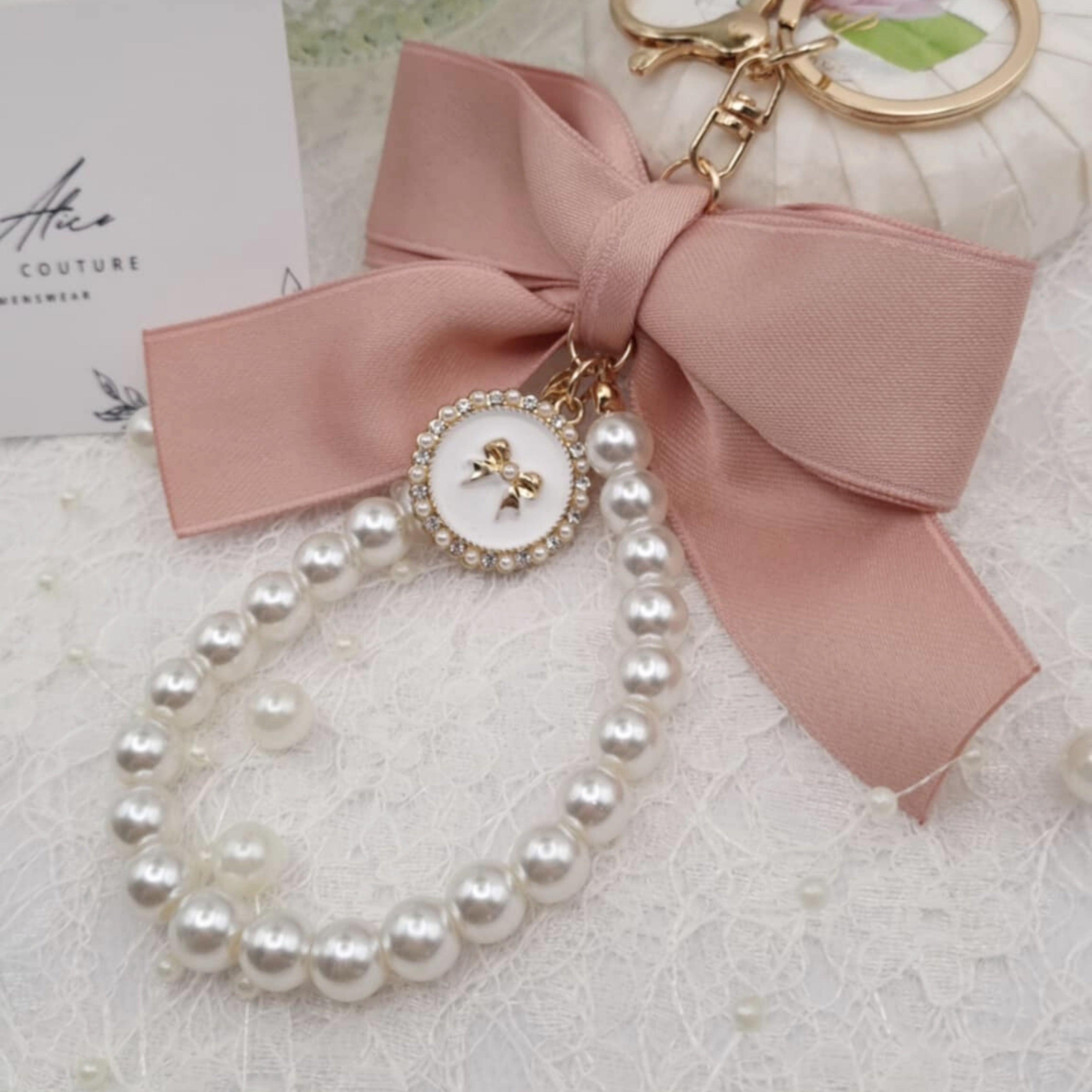Pink Bow Pearl Charm Keychain | Accessory