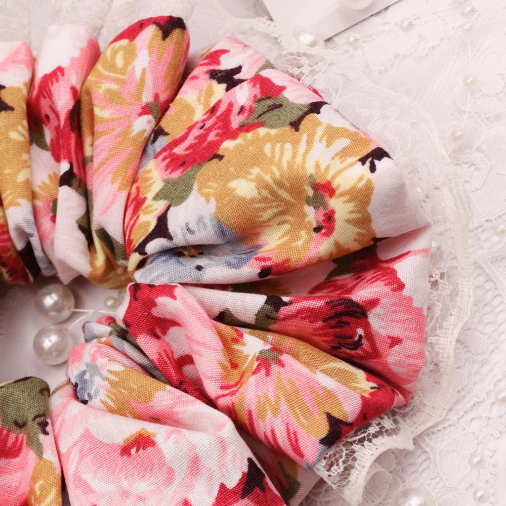 Mae Cotton Floral Scrunchie | Soft Pink & Pastel Mix with Lace Trim
