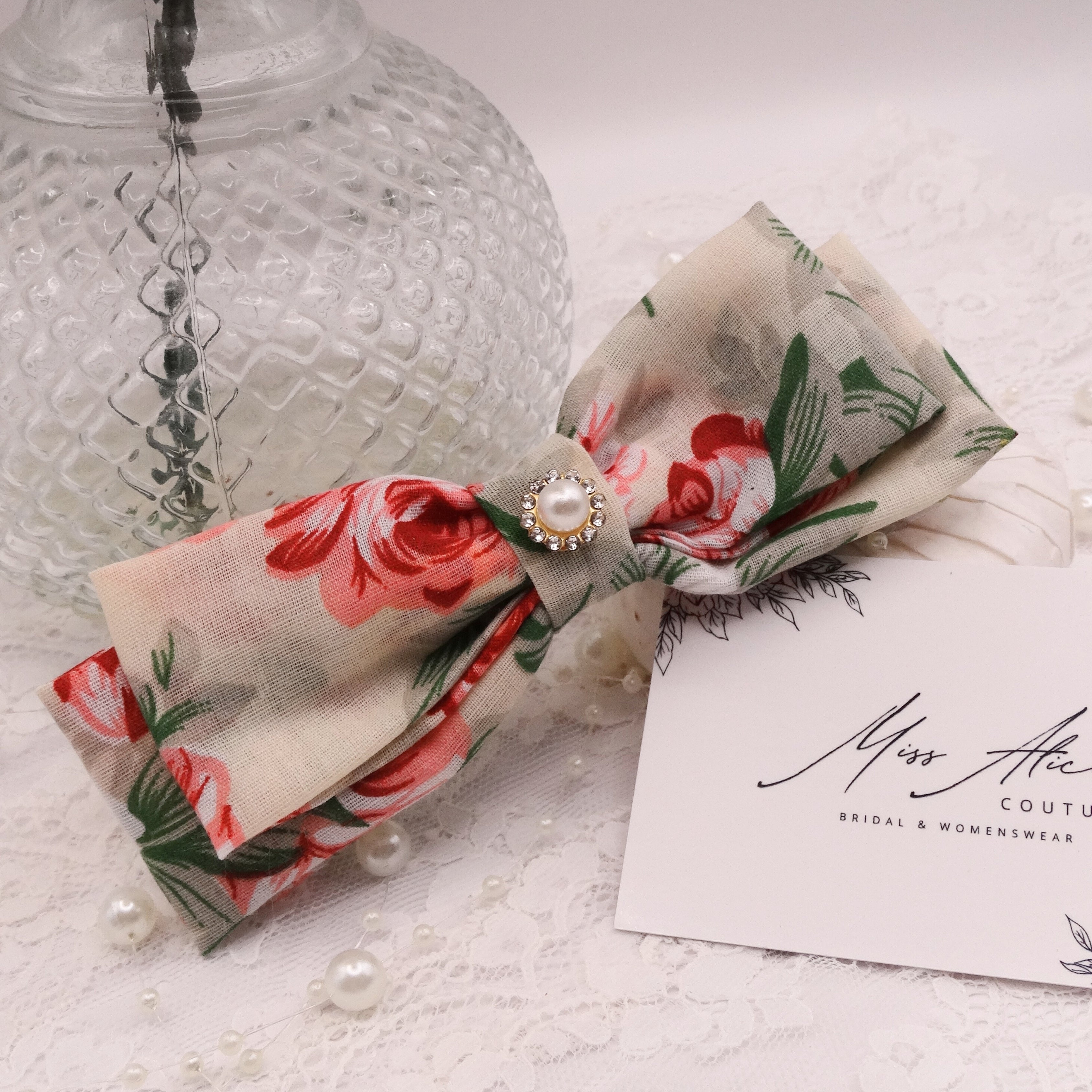 Flora Mini Bow | Soft Cotton, Pinks and Sage | Hair Clip Accessory