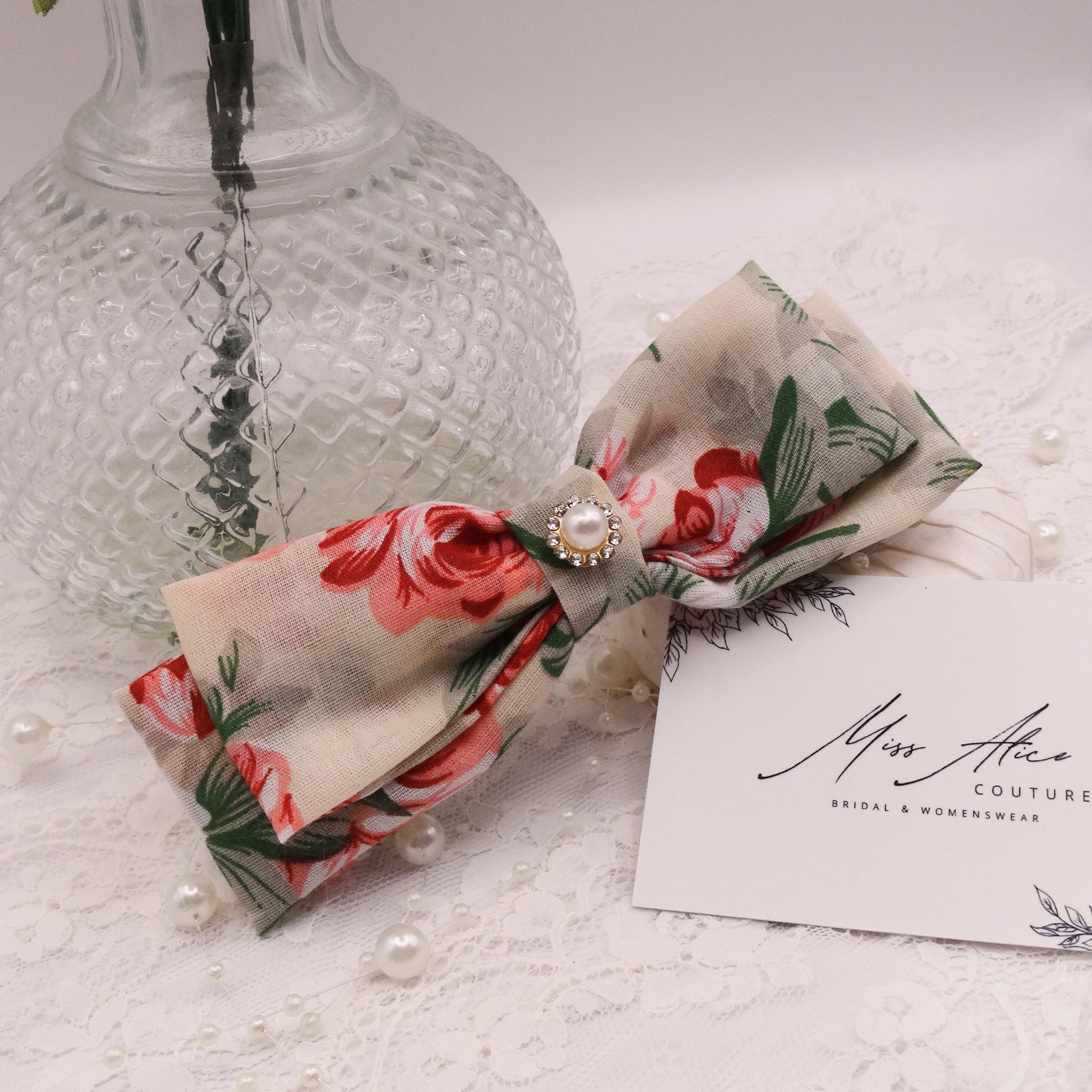 Flora Mini Bow | Soft Cotton, Pinks and Sage | Hair Clip Accessory