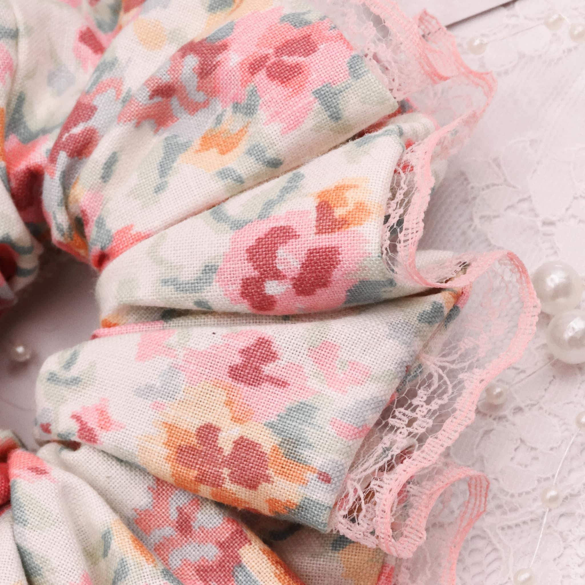 Lydia Cotton Floral Scrunchie | Soft Beige, Cream Pink & Pastel Accents with Lace