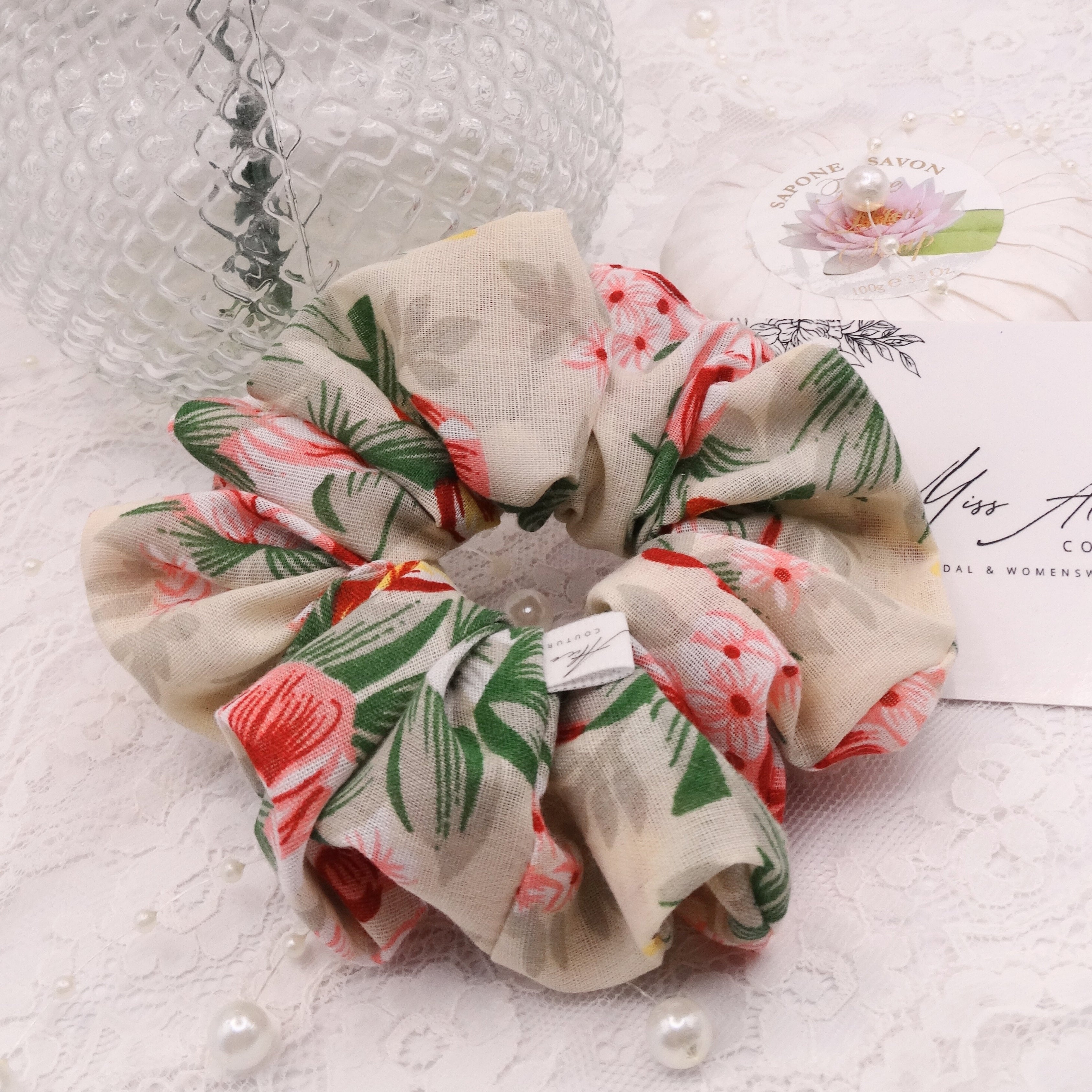 Flora Mini Scrunchie | Soft Cotton, Pinks and Sage | Hair Accessory