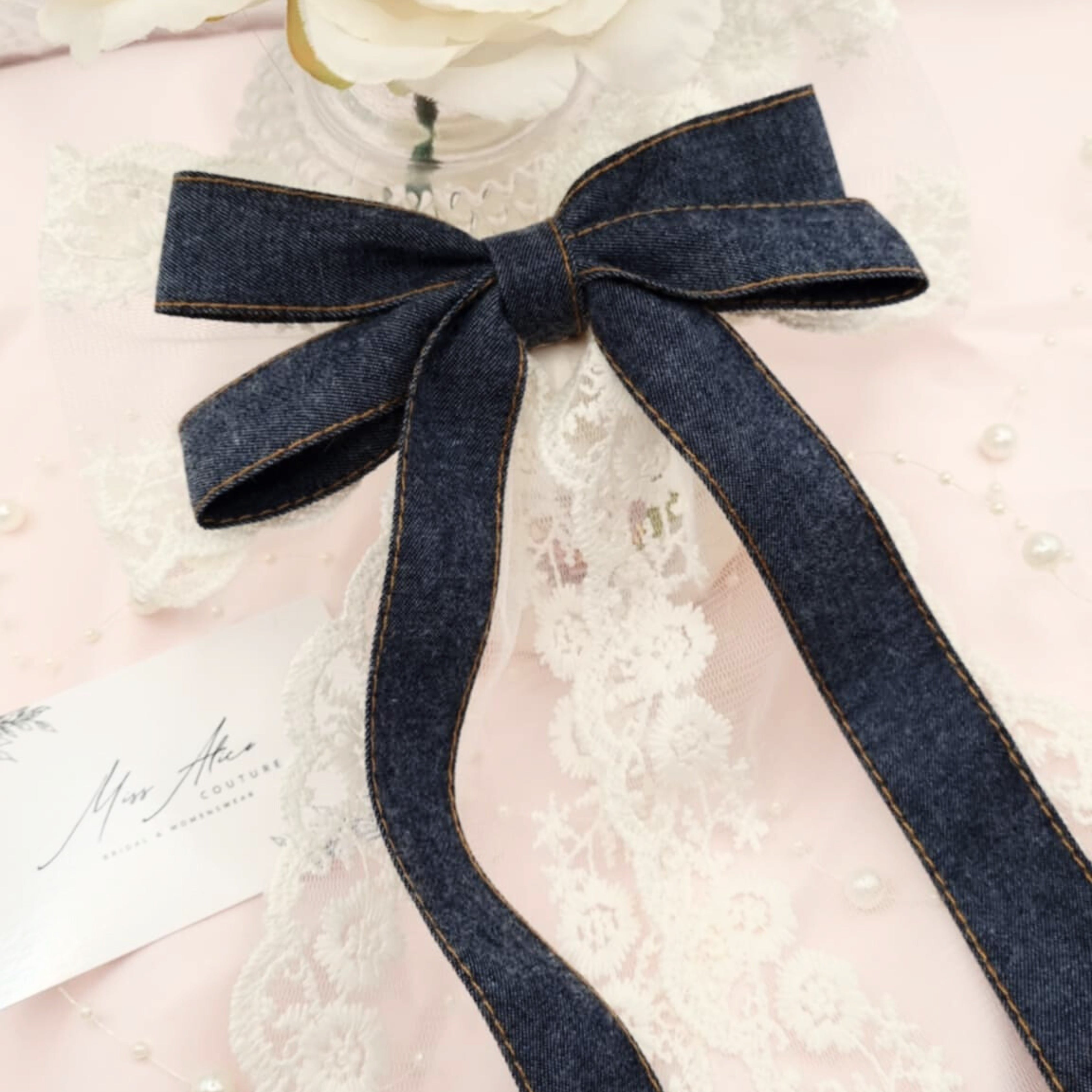 Dark Denim Lace Hair Bow Clip | Handmade Denim Lace Bow | Elegant Hair Clip for Everyday & Occasion Wear