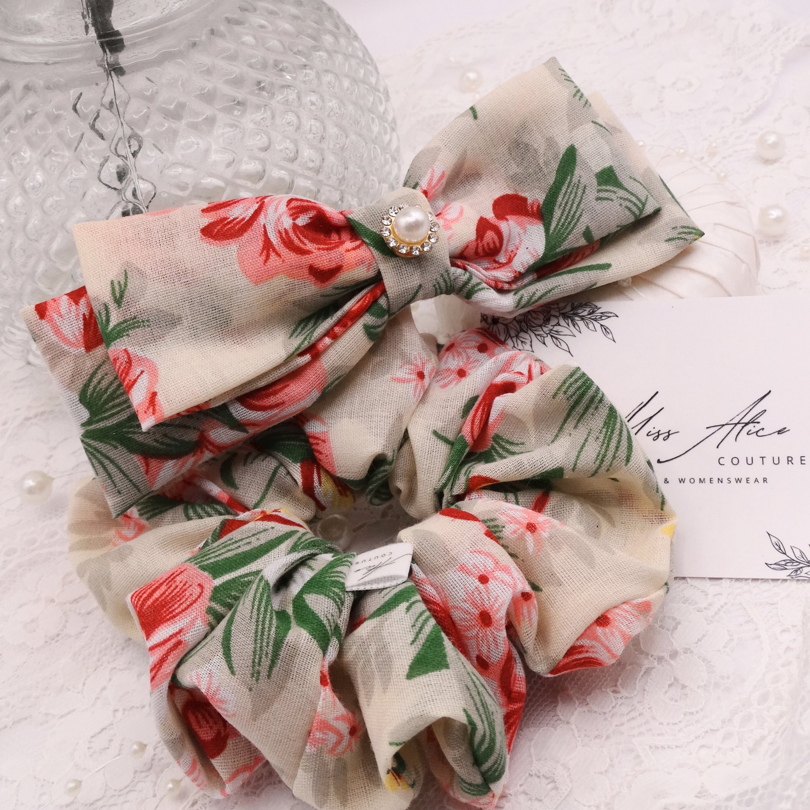Flora Mini Bow | Soft Cotton, Pinks and Sage | Hair Clip Accessory