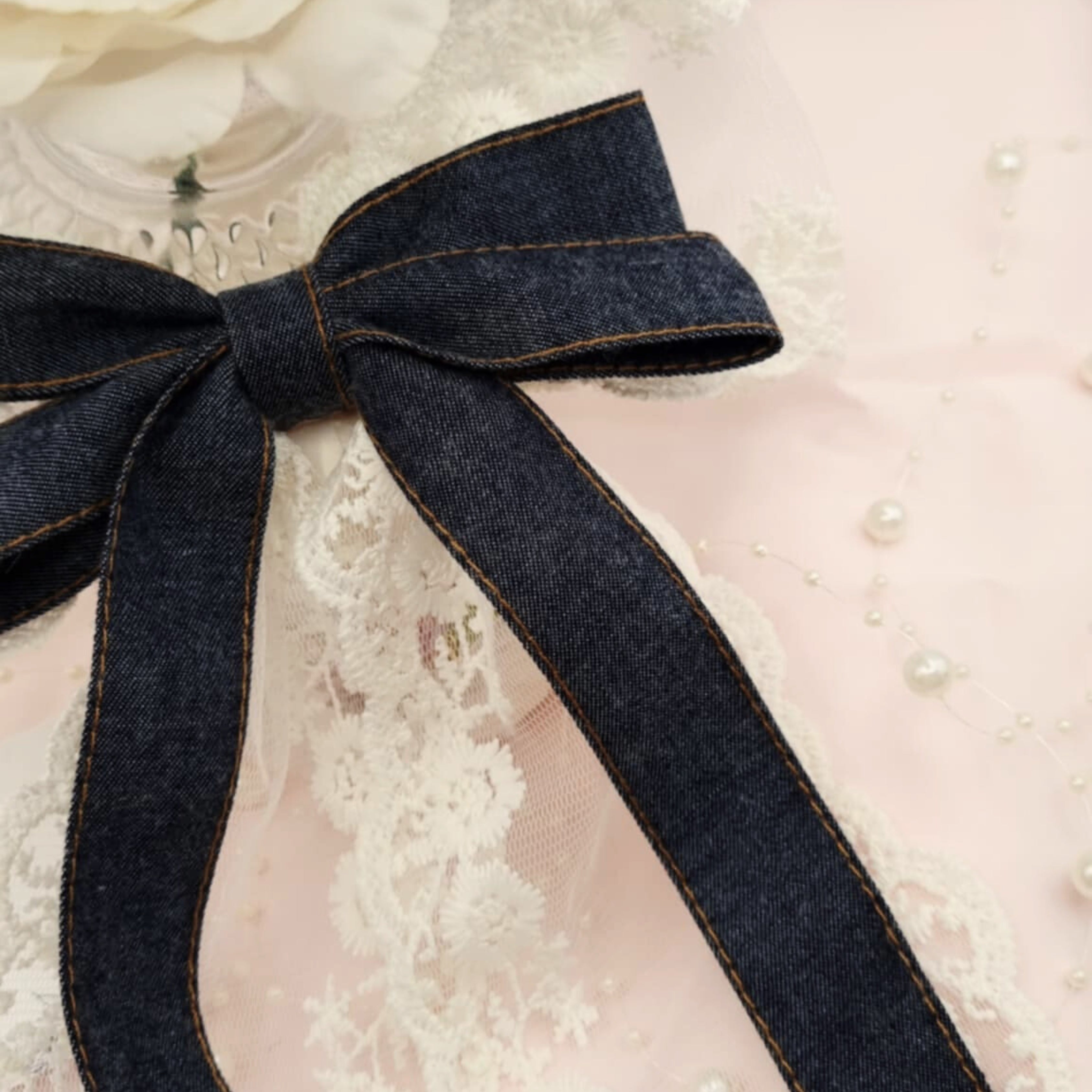 Dark Denim Lace Hair Bow Clip | Handmade Denim Lace Bow | Elegant Hair Clip for Everyday & Occasion Wear