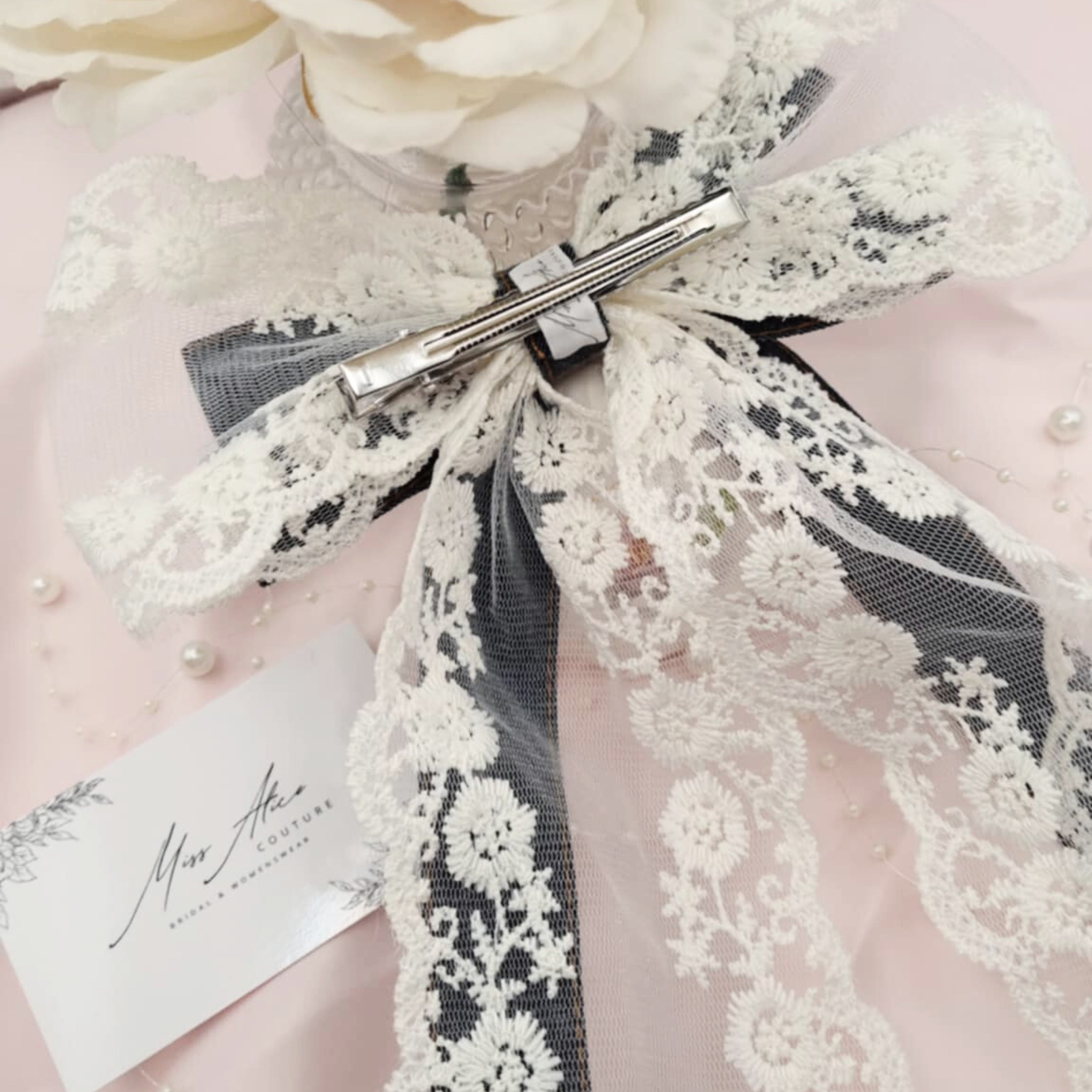 Dark Denim Lace Hair Bow Clip | Handmade Denim Lace Bow | Elegant Hair Clip for Everyday & Occasion Wear