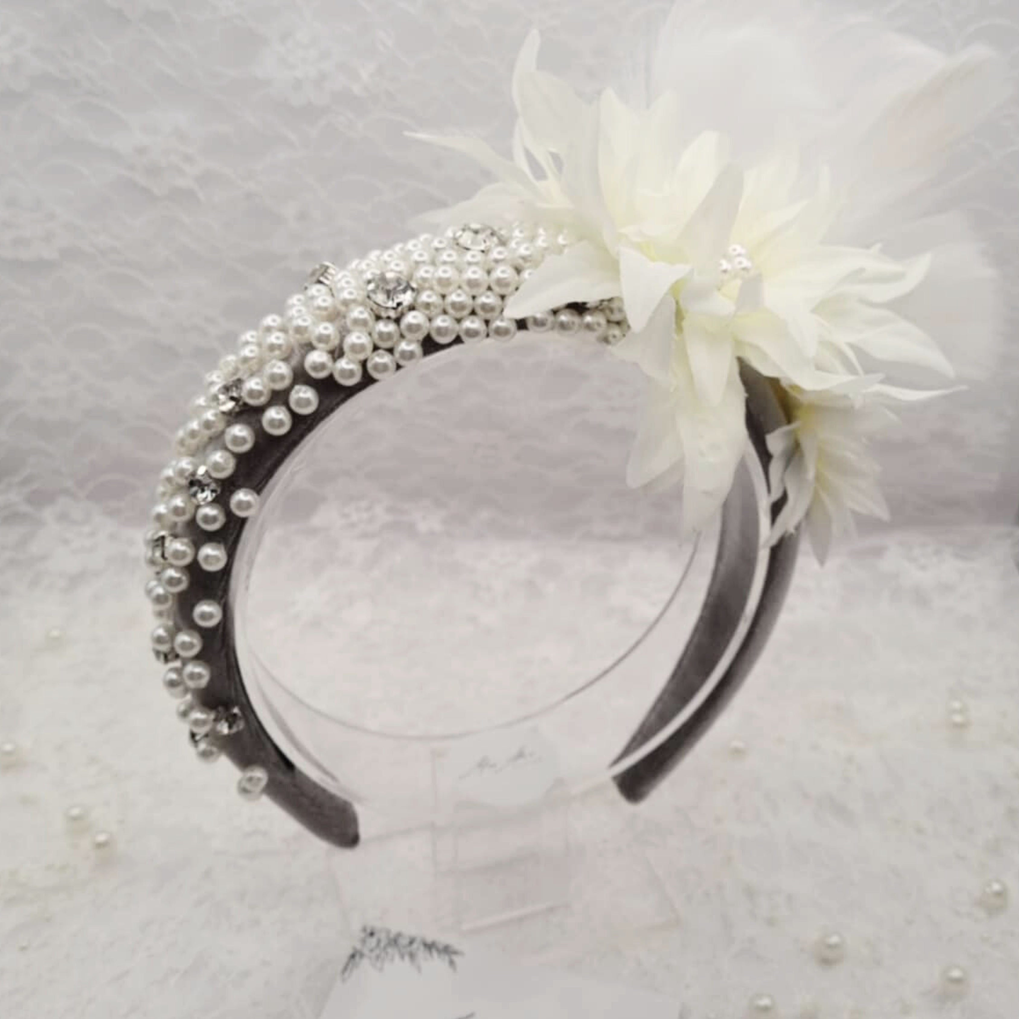 White/Grey Pearl Feather Headband | Handmade Pearl & Crystal Hairpiece | Bridal | Race Day Headband | Classic Vintage Style